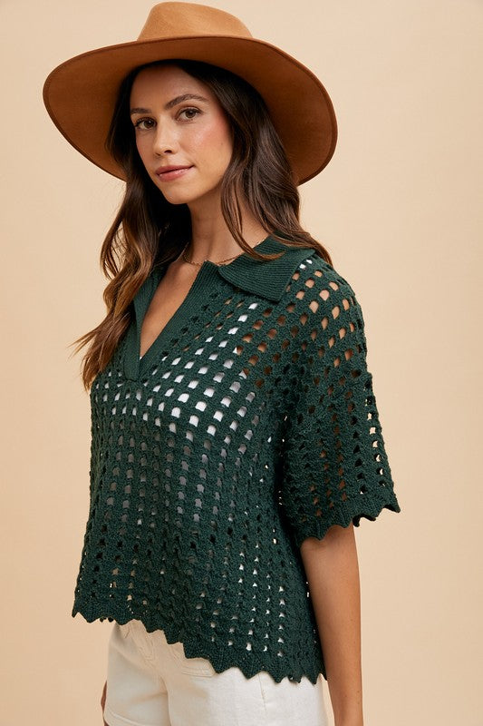 Annie Wear Openwork Johnny Collar Knit Cover Up