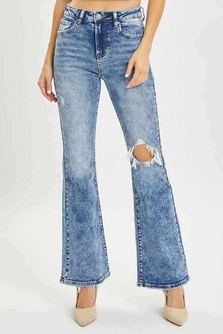 RISEN Full Size High Rise Distressed Flare Jeans - S. M. & Co.