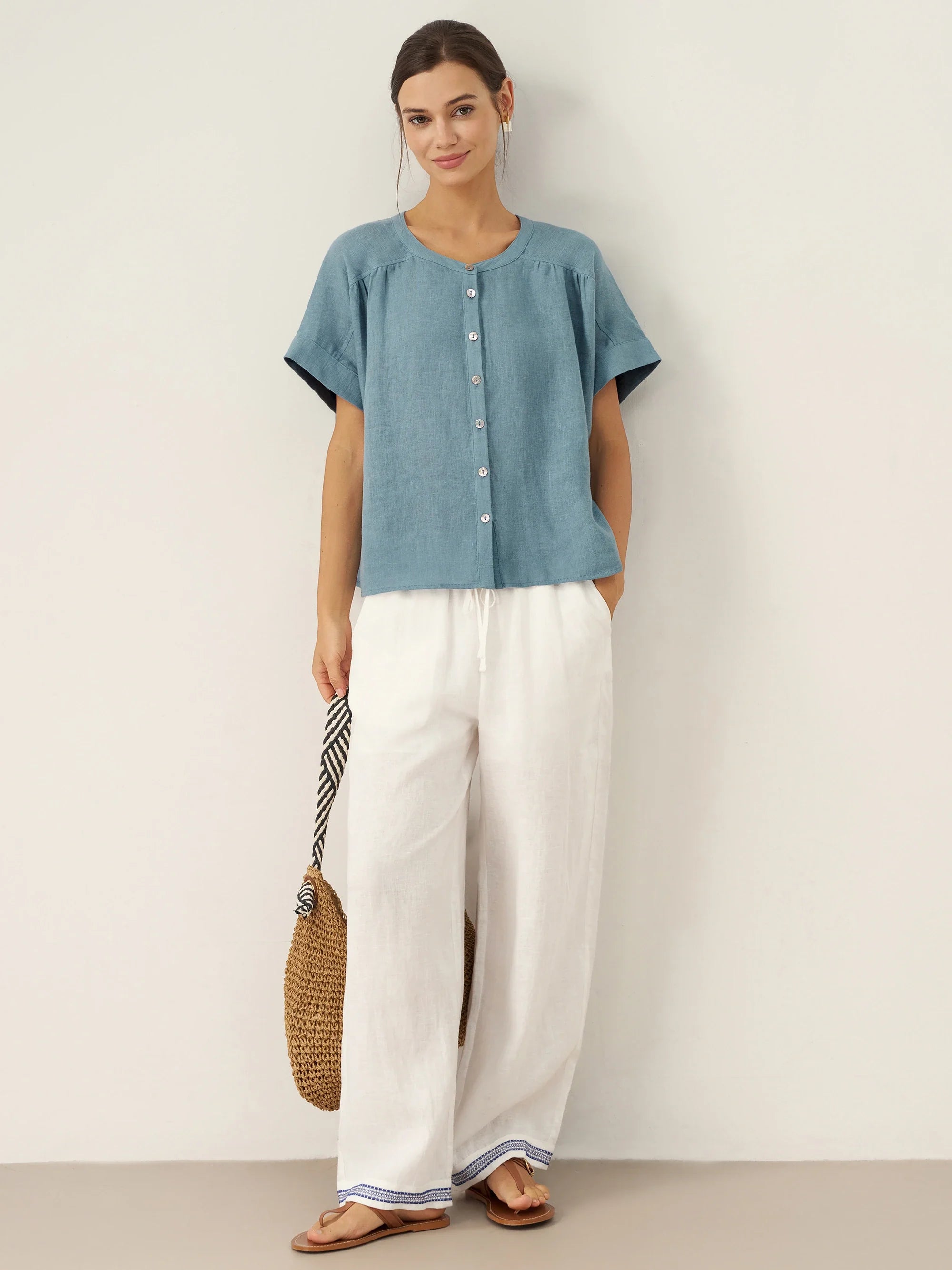 100% Linen Embroidered Elastic Waist Pants FENE