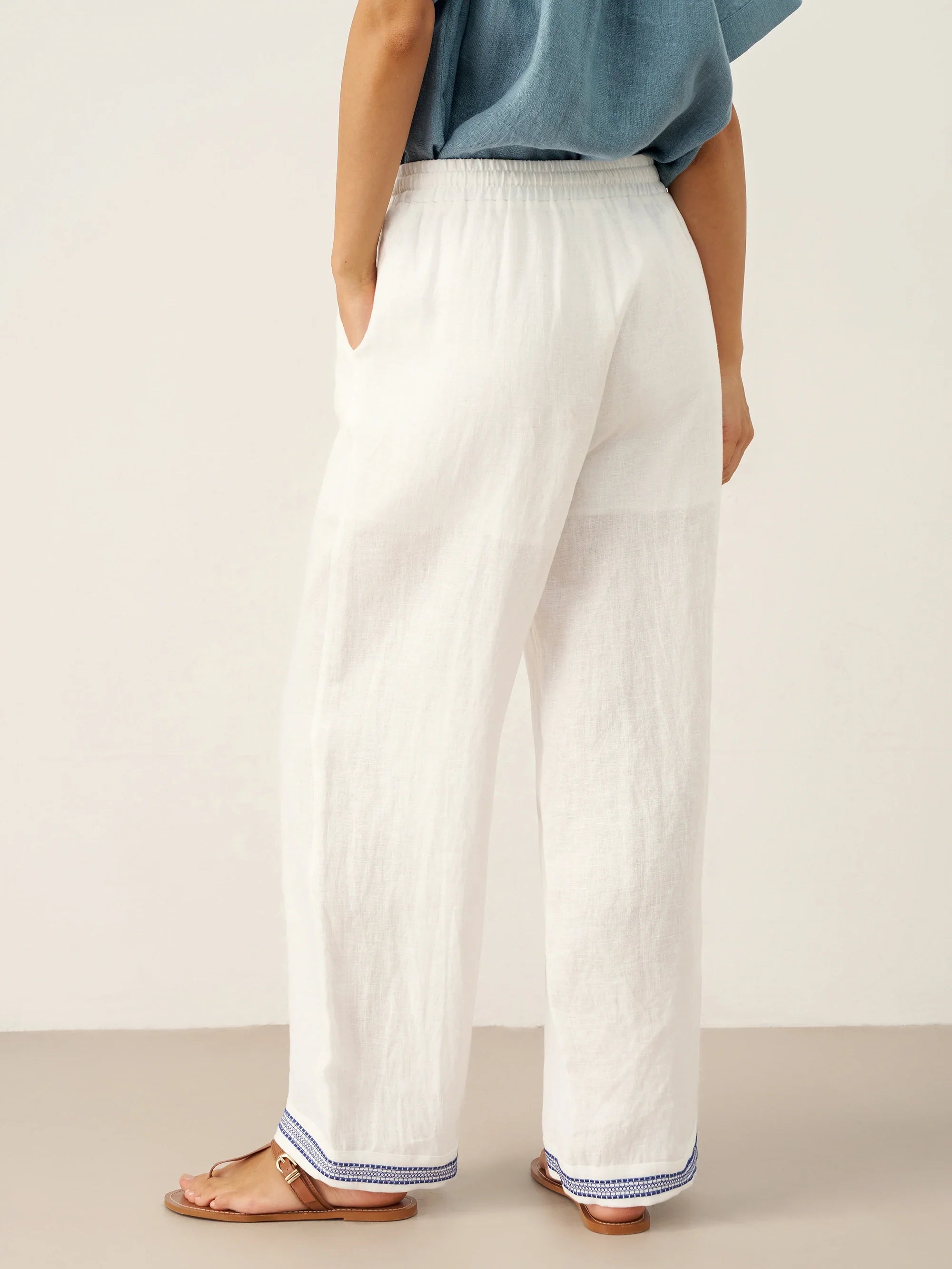 100% Linen Embroidered Elastic Waist Pants FENE