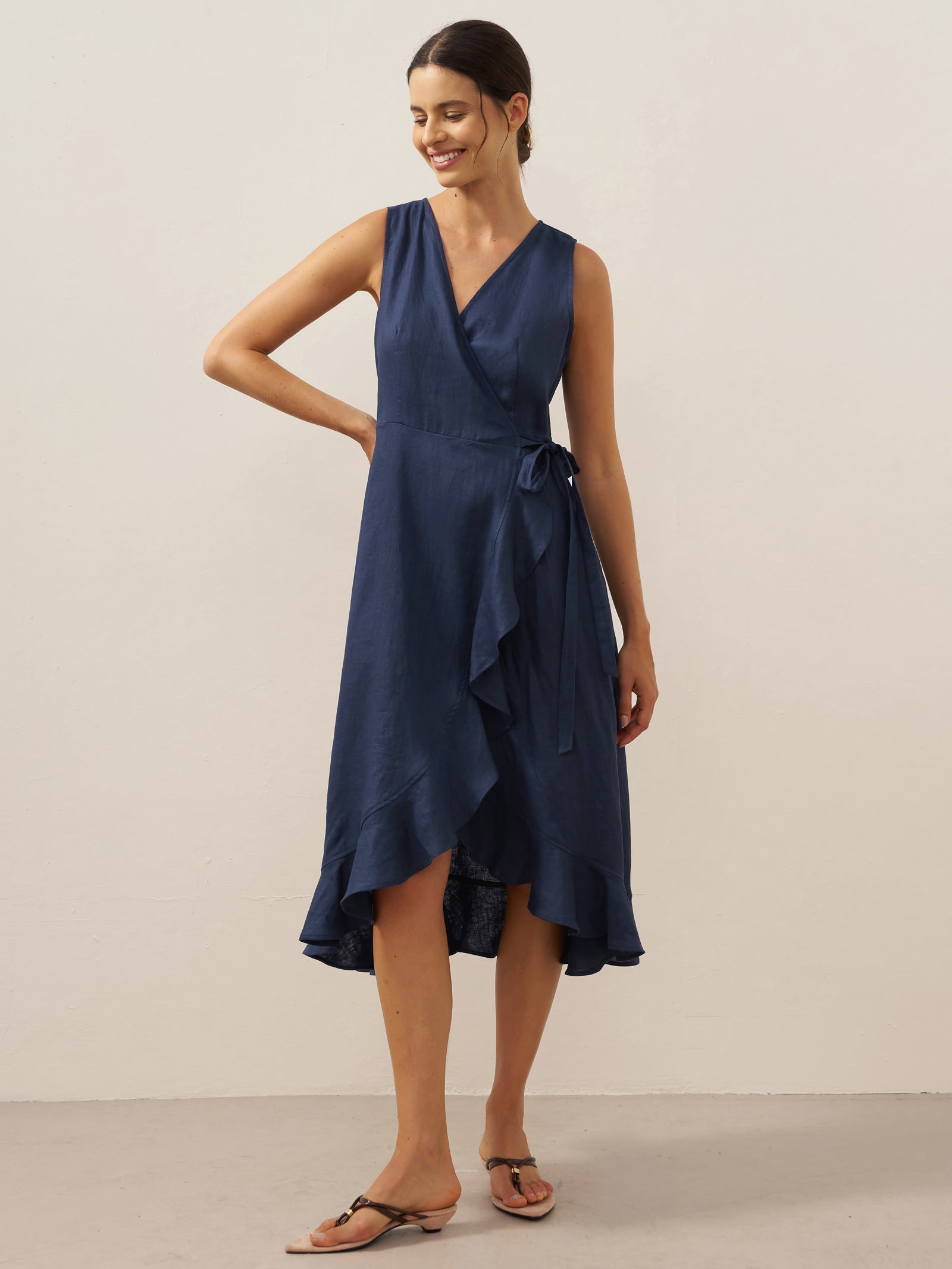 100% Linen V-Neck One-Piece Ruffle Hem Maxi Dress MAYA