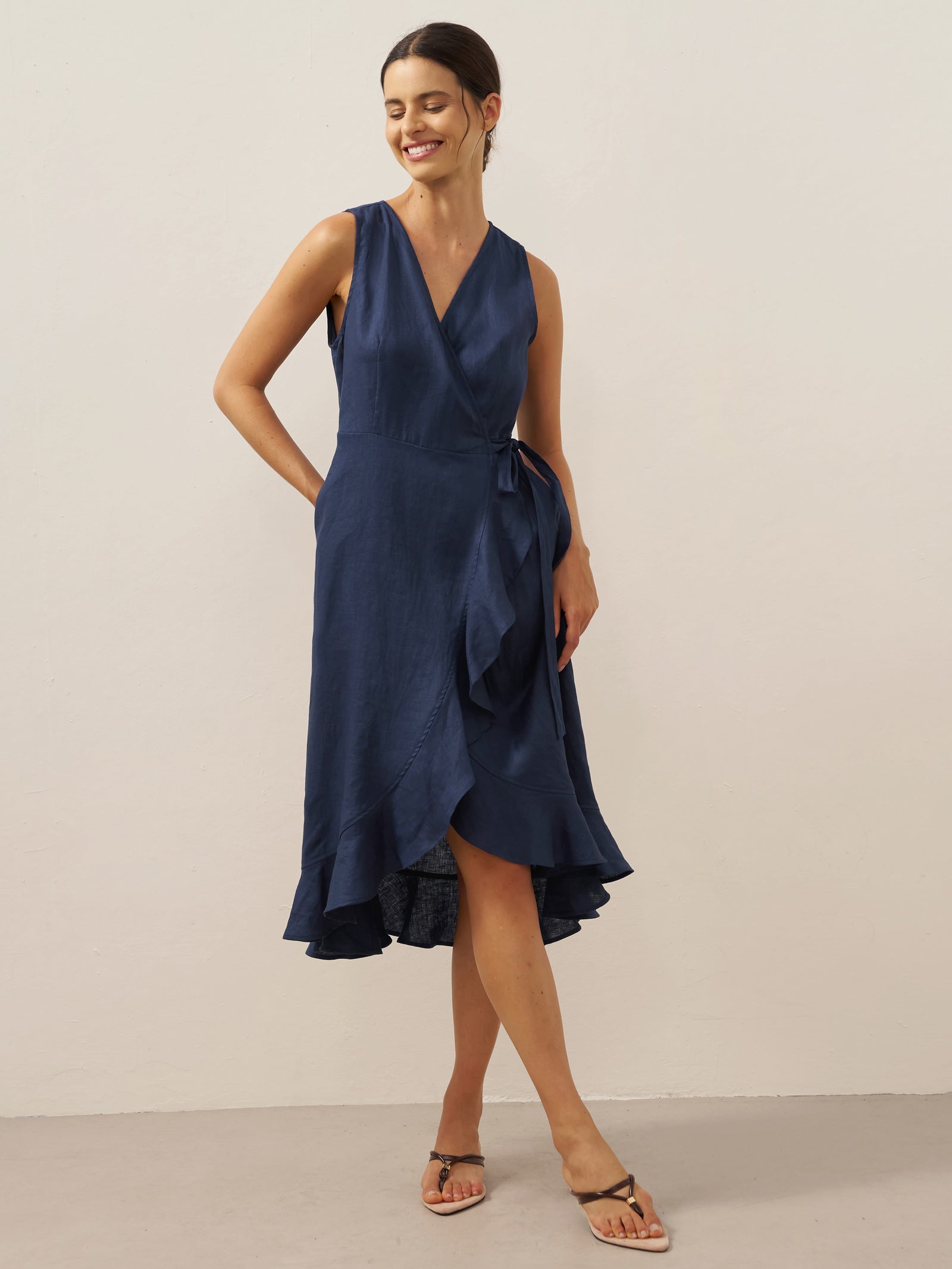 100% Linen V-Neck One-Piece Ruffle Hem Maxi Dress MAYA