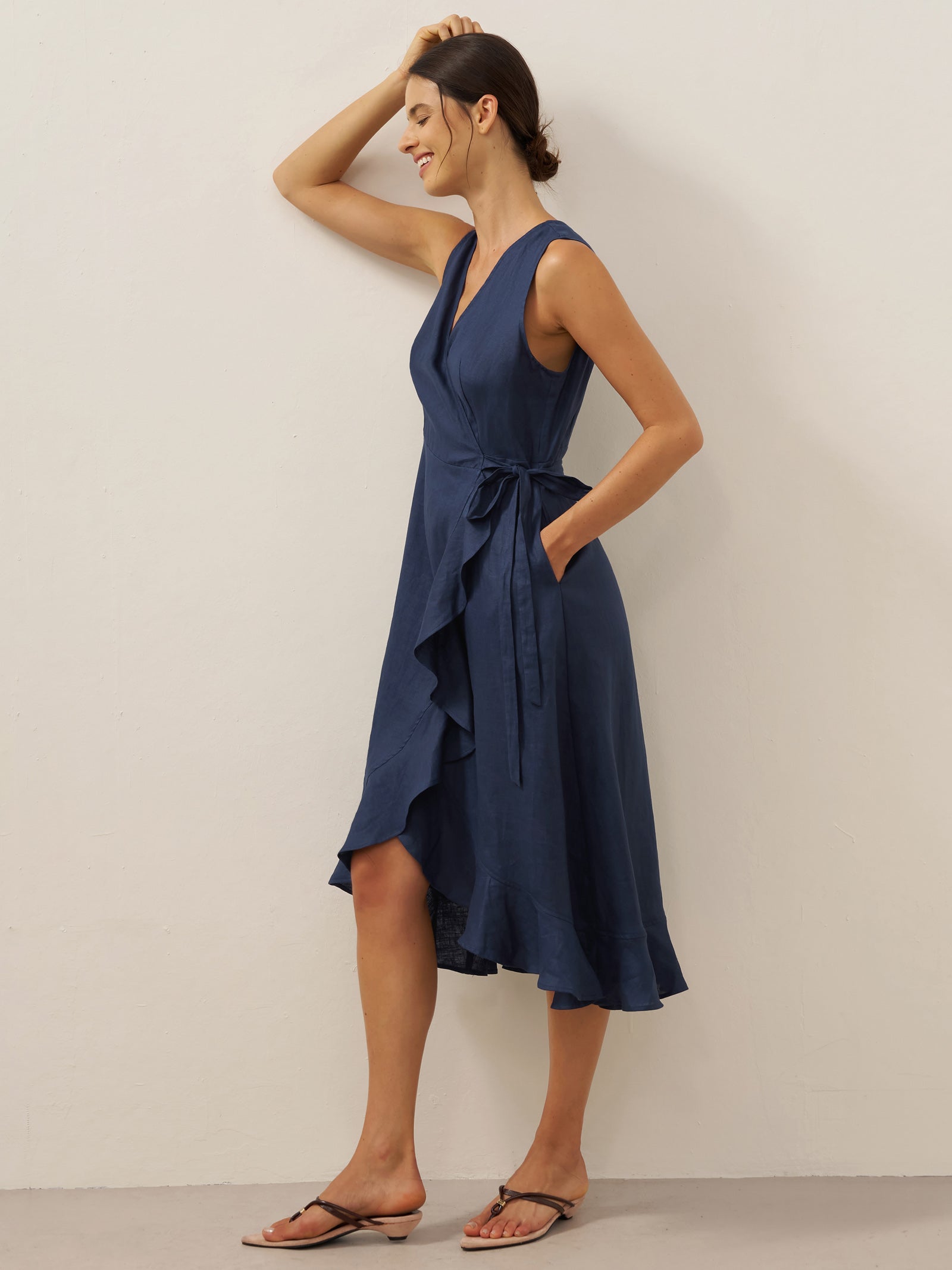 100% Linen V-Neck One-Piece Ruffle Hem Maxi Dress MAYA