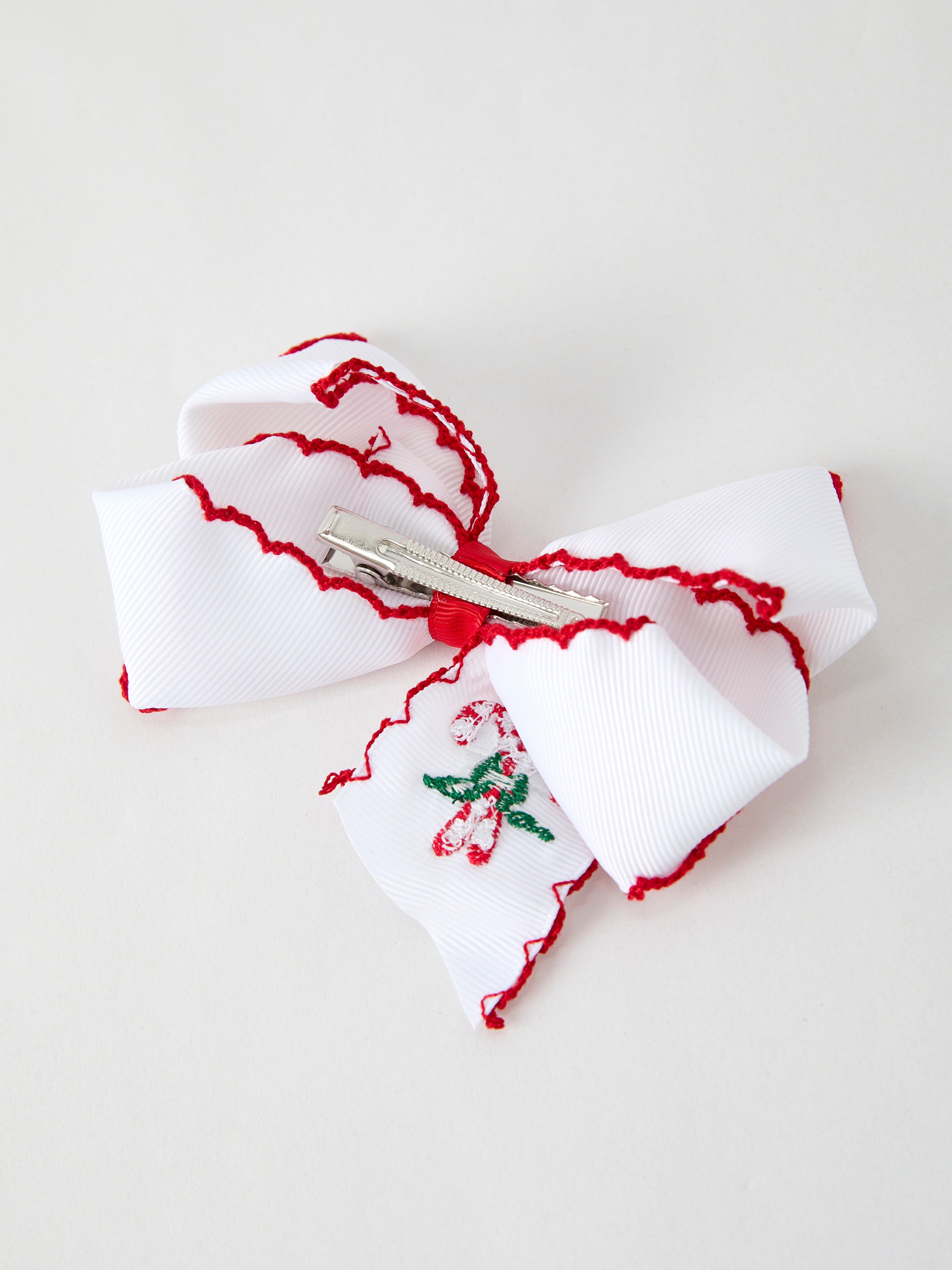 Christmas Candy Cane Embroidered Bow Hair Clip