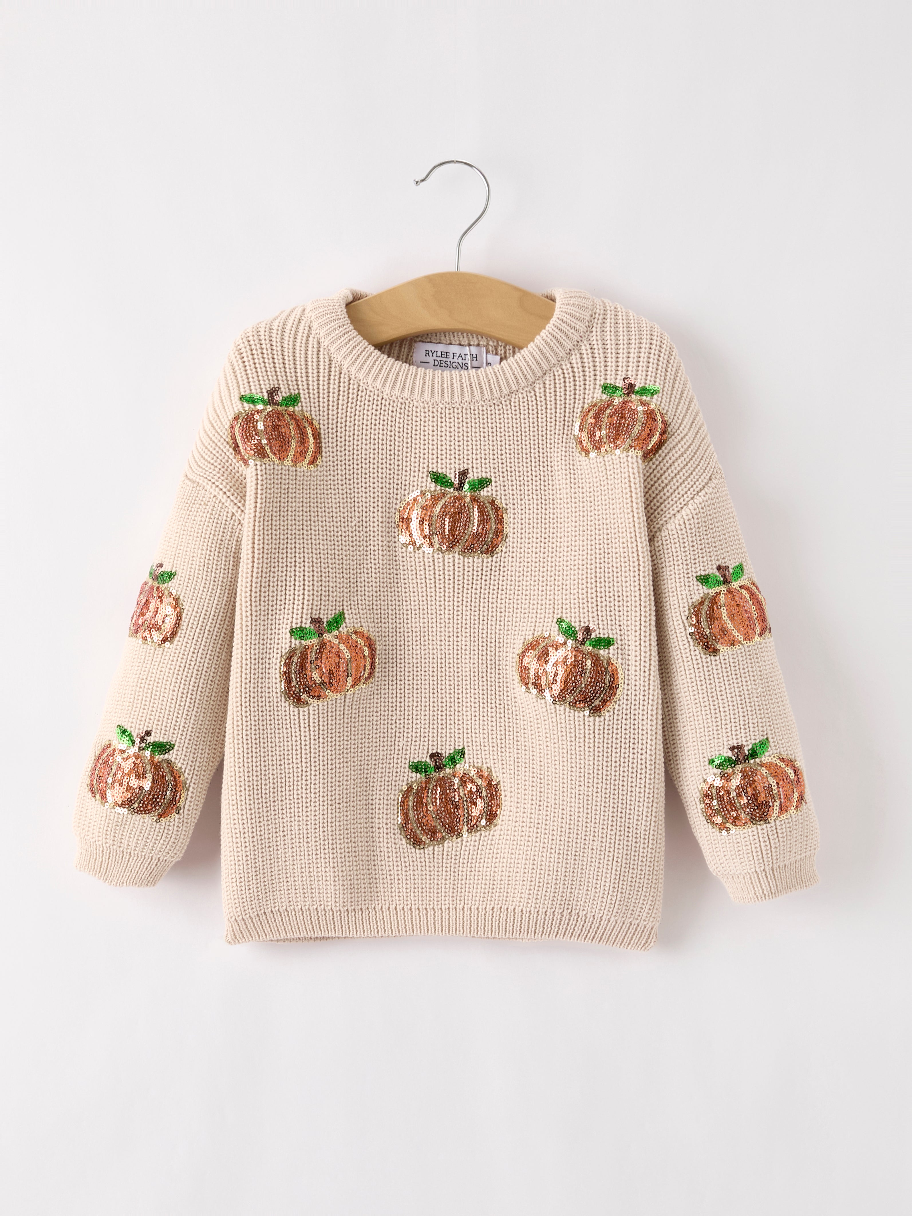 Thanksgiving Halloween Pumpkin Sequin Sweater – Beige, Perfect for Fall