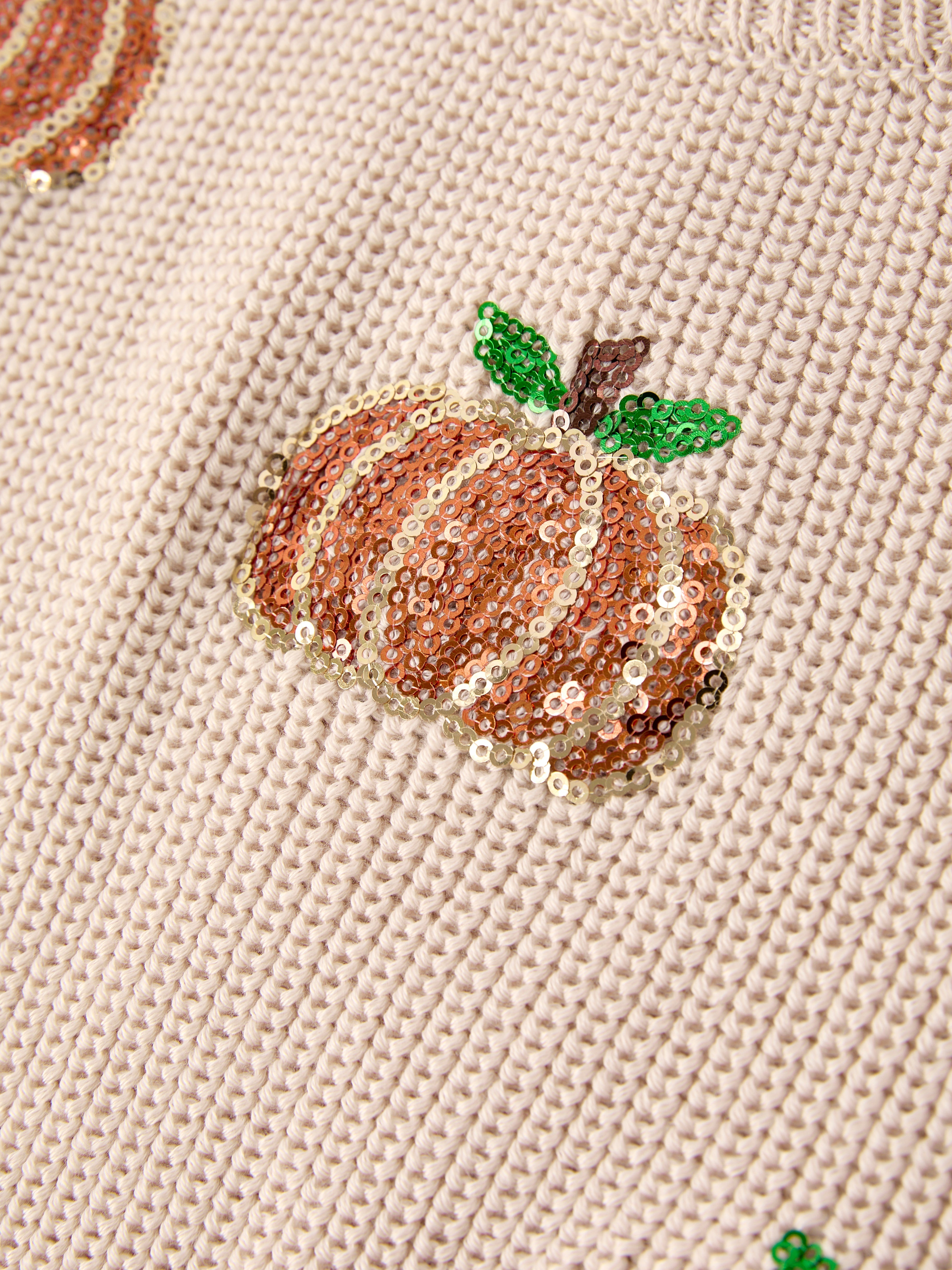 Thanksgiving Halloween Pumpkin Sequin Sweater – Beige, Perfect for Fall