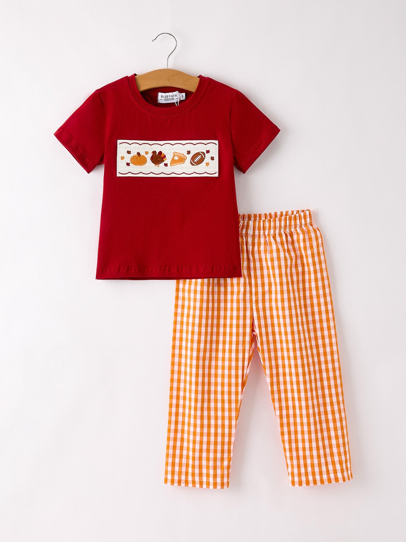 Fall Embroidered Boy Set – Orange Checkered with Halloween Details