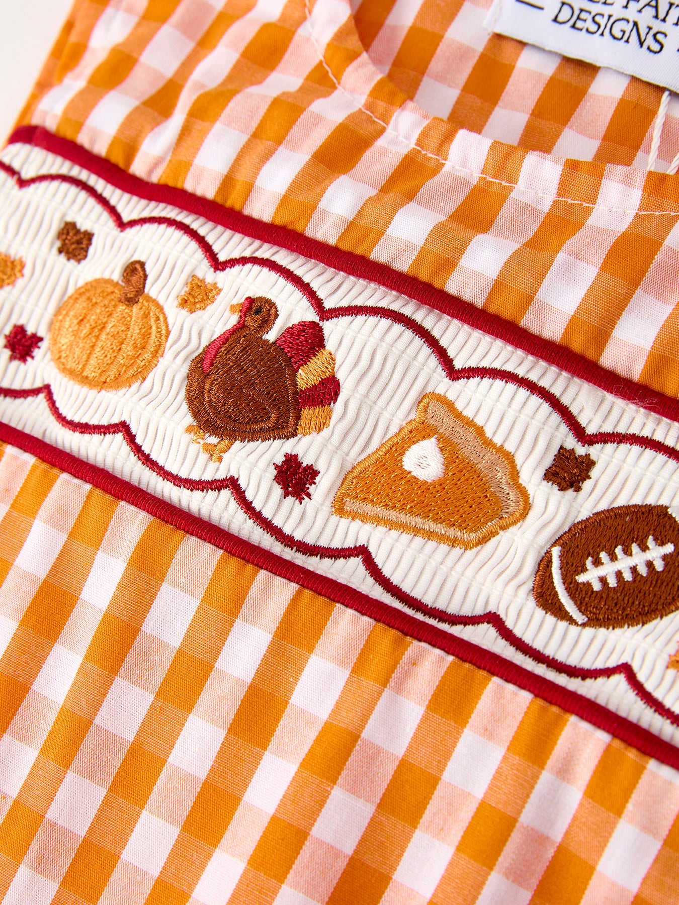Fall Embroidered Romper for Baby Boys – Orange Checkered with Halloween Details