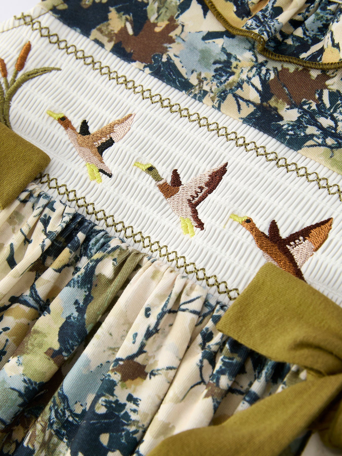 Camo Duck Smocked Bow Ruffle Sleeves Girls Dress