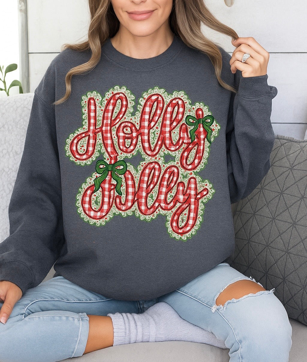 Holly Jolly Gingham Print ON DARK HEATHER GREY