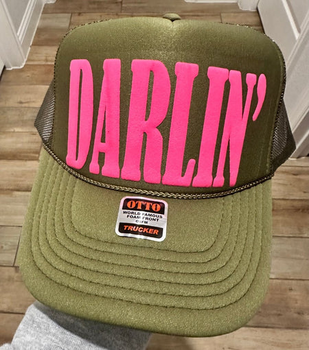 3D Puff Vinyl Darlin Neon Pink on Olive Foam Trucker Hat - S. M. & Co.