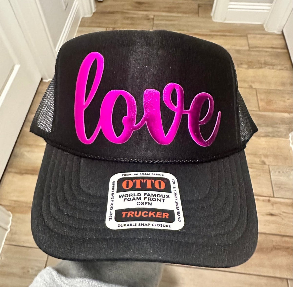 3D Puff Vinyl Love Metallic Pink on Black Foam Trucker Hat - S. M. & Co.