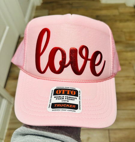 3D Puff Vinyl Love Metallic Red on Light Pink Foam Trucker Hat - S. M. & Co.