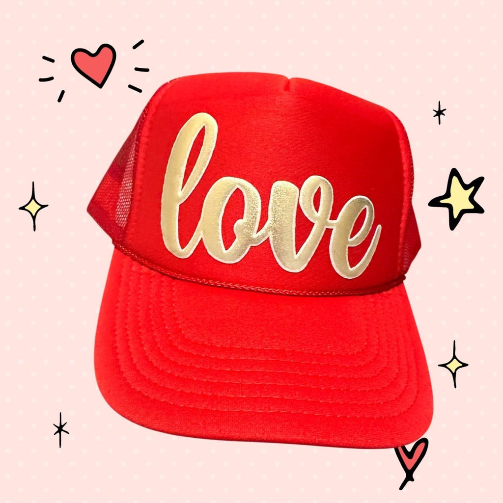 3D Puff Vinyl Love on Red Foam Trucker Hat - S. M. & Co.