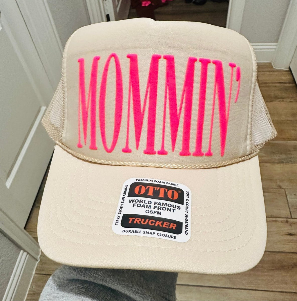 3D Puff Vinyl Mommin Neon Pink on Tan Foam Trucker Hat - S. M. & Co.