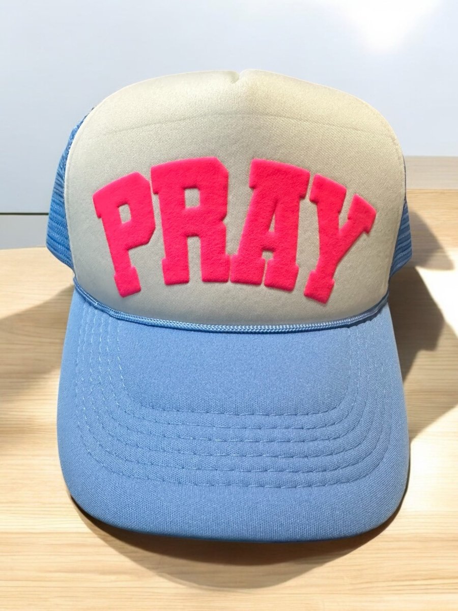 3D Puff Vinyl Pray Neon Pink on Columbia blue and White Foam Trucker Hat - S. M. & Co.