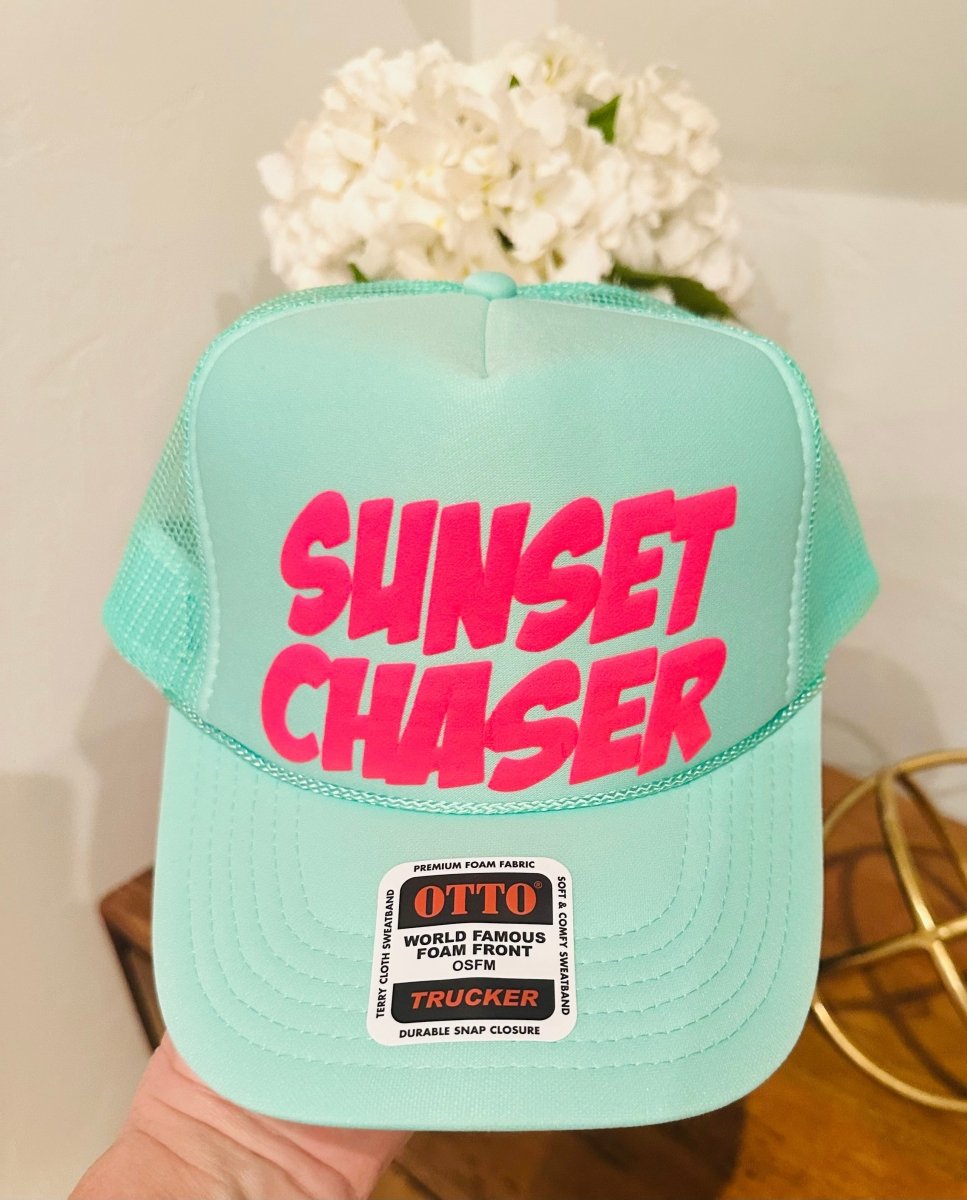 3D Puff Vinyl Sunset Chaser Neon Pink on Seafoam Foam Trucker Hat - S. M. & Co.