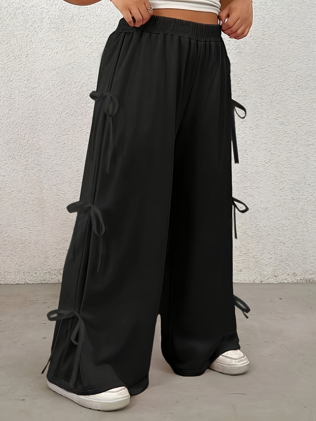 Plus Size Bow Elastic Waist Wide Leg Pants