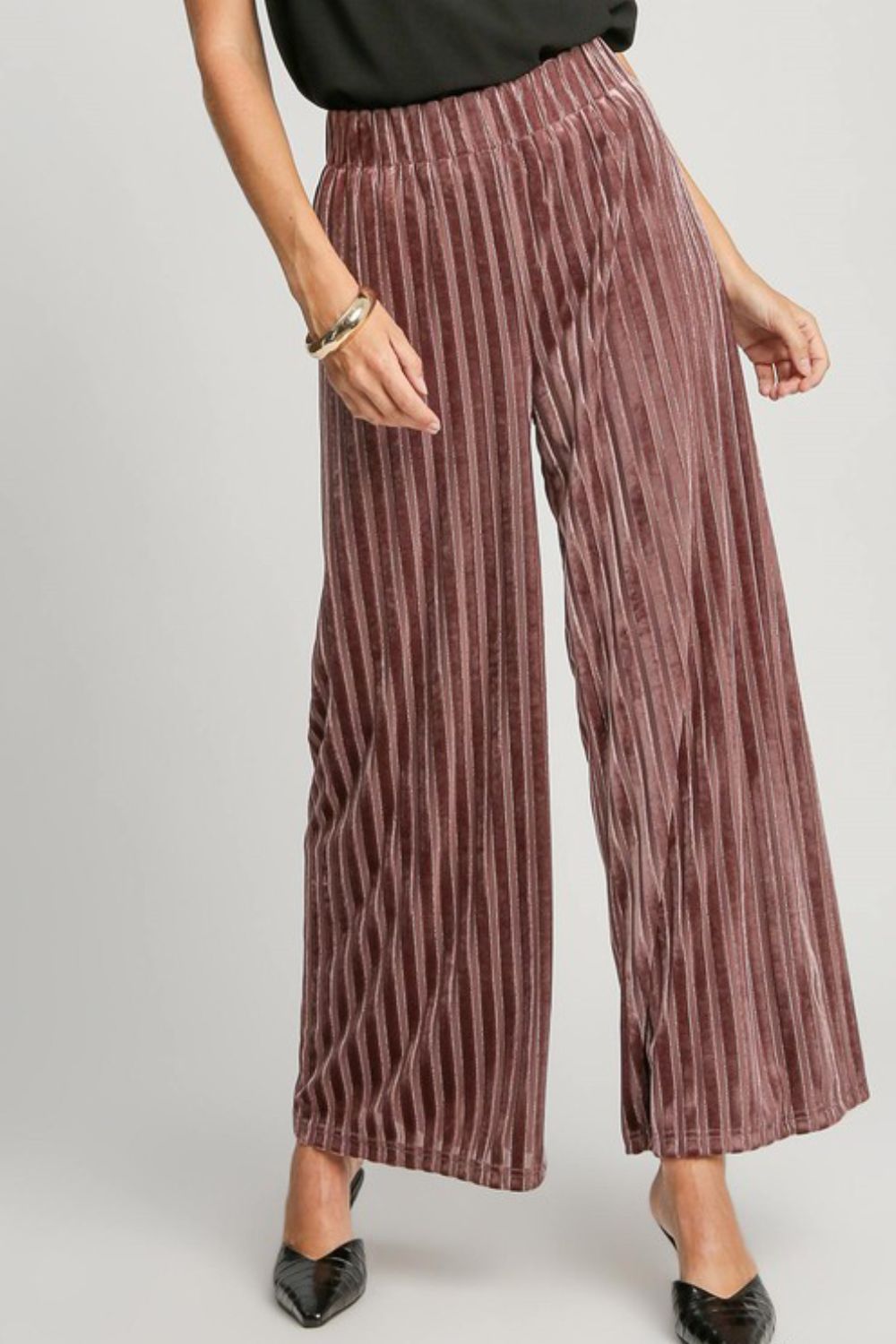 Umgee Full Size Elastic Waist Striped Wide Leg Velvet Pants