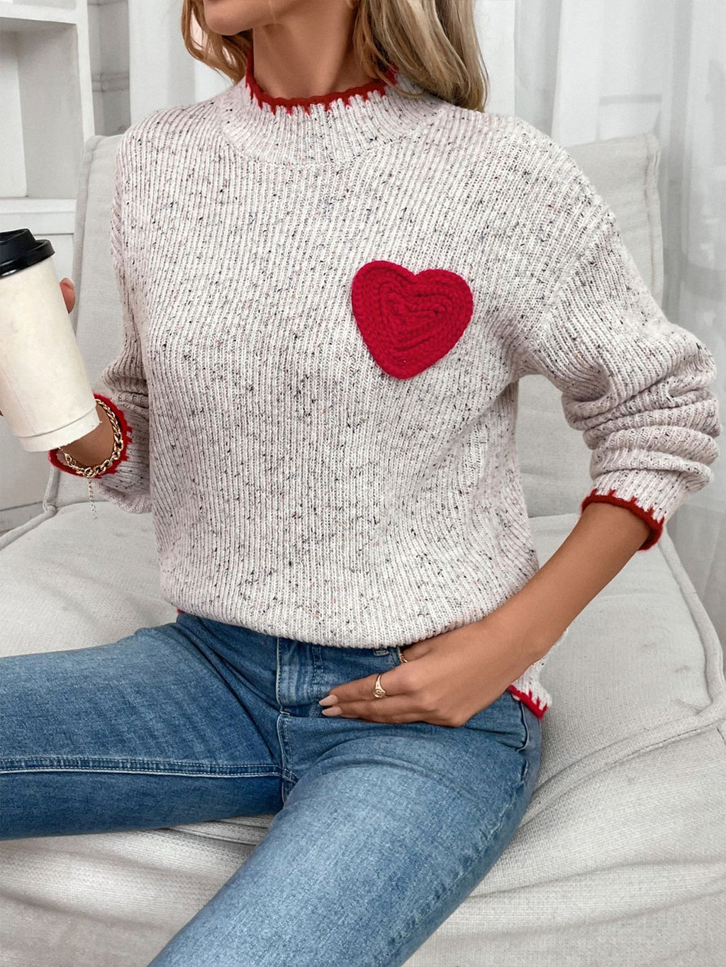 Perfee Contrast Heart Round Neck Long Sleeve Sweater