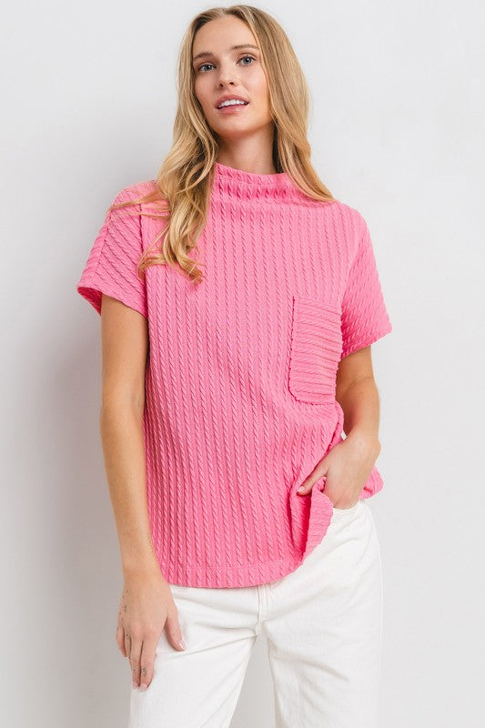 Ces Femme Texture Mock Neck Short Sleeve Knit Top