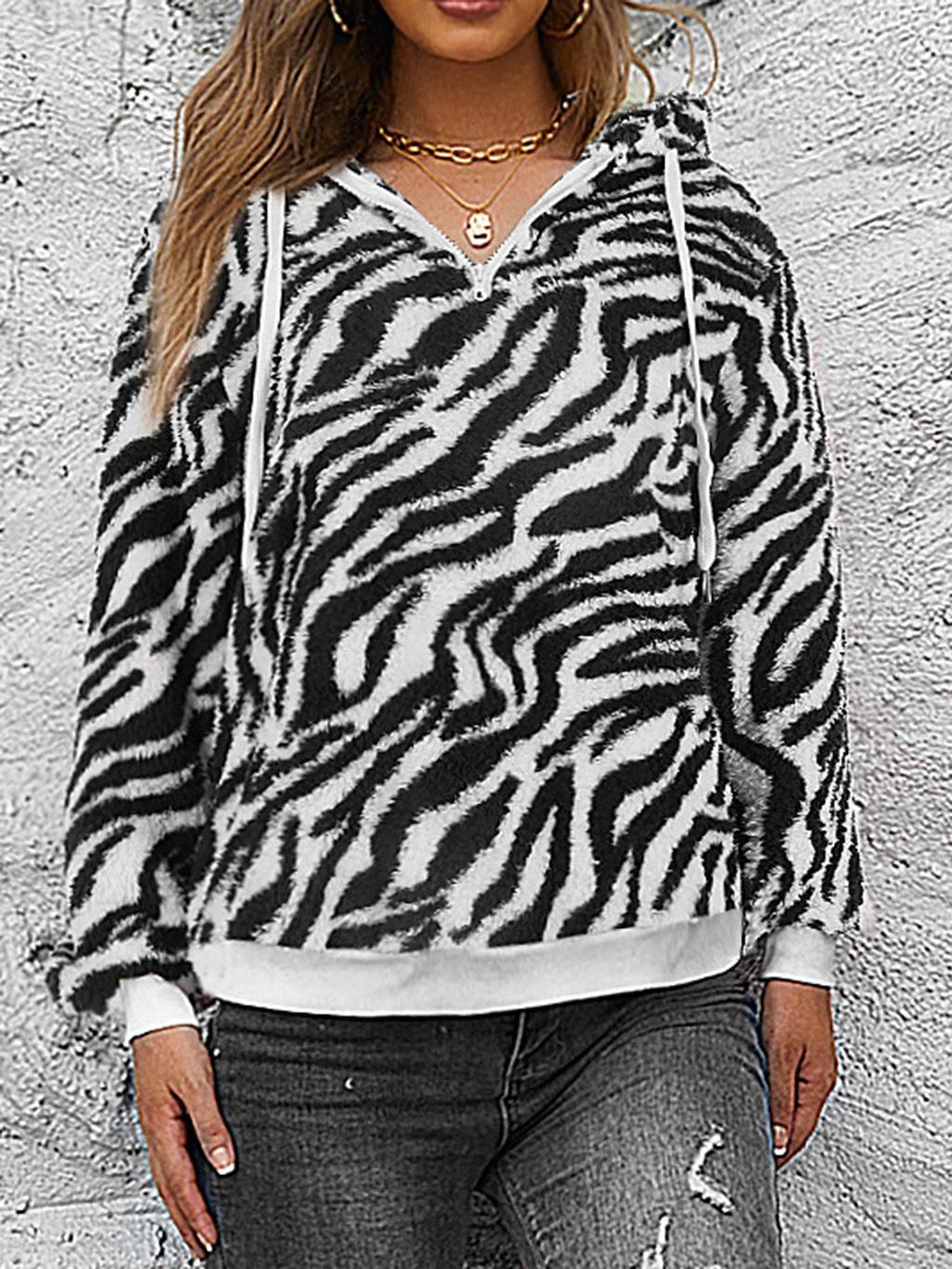 Printed Drawstring Long Sleeve Hoodie