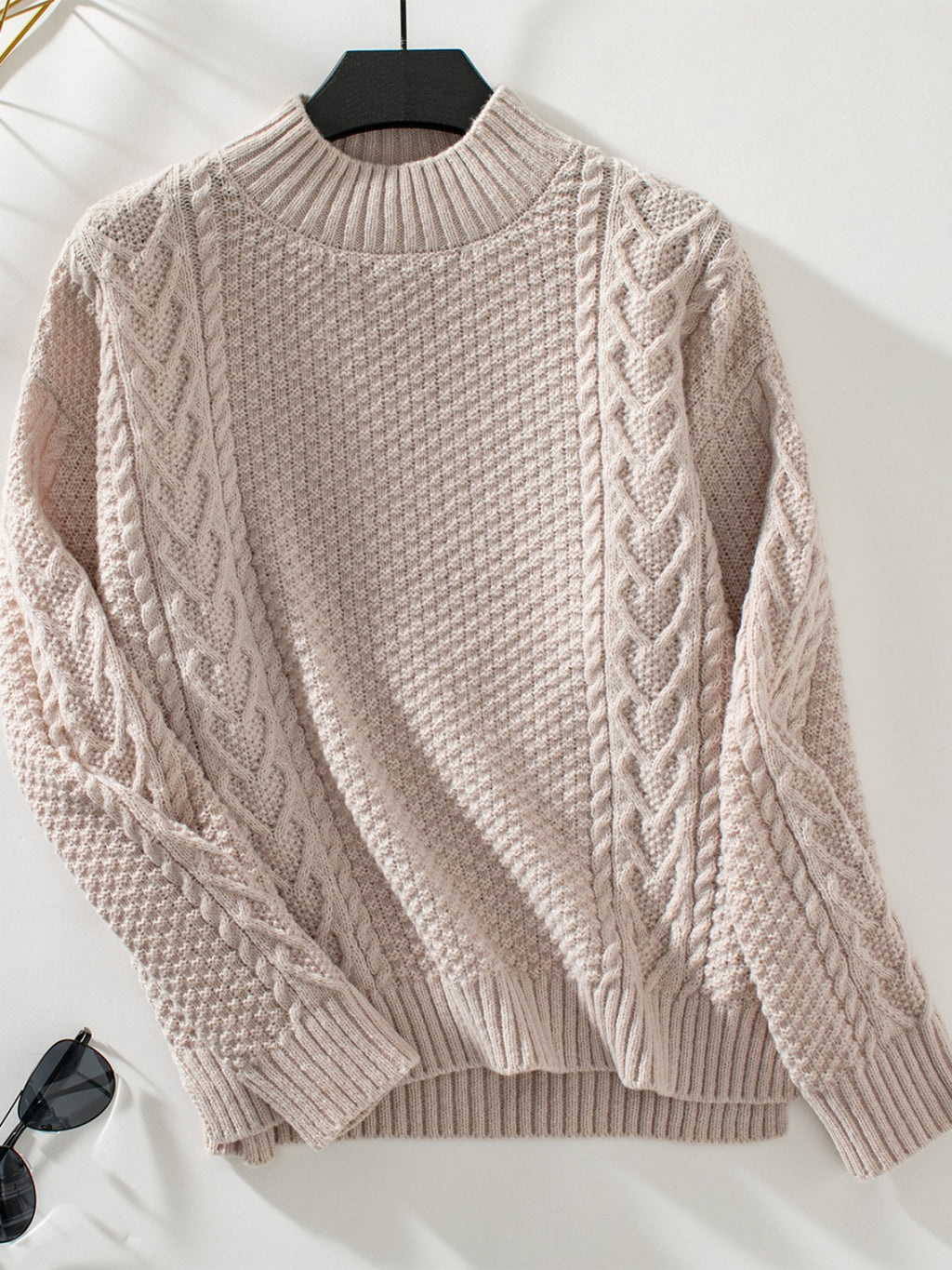 Cable-Knit Mock Neck Long Sleeve Sweater