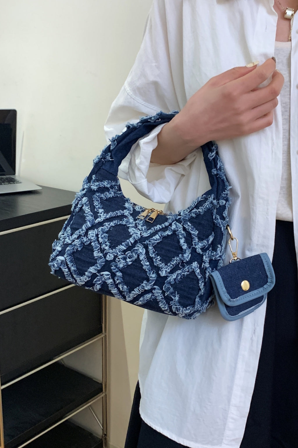 Raw Edge Denim Handbag with Pouch