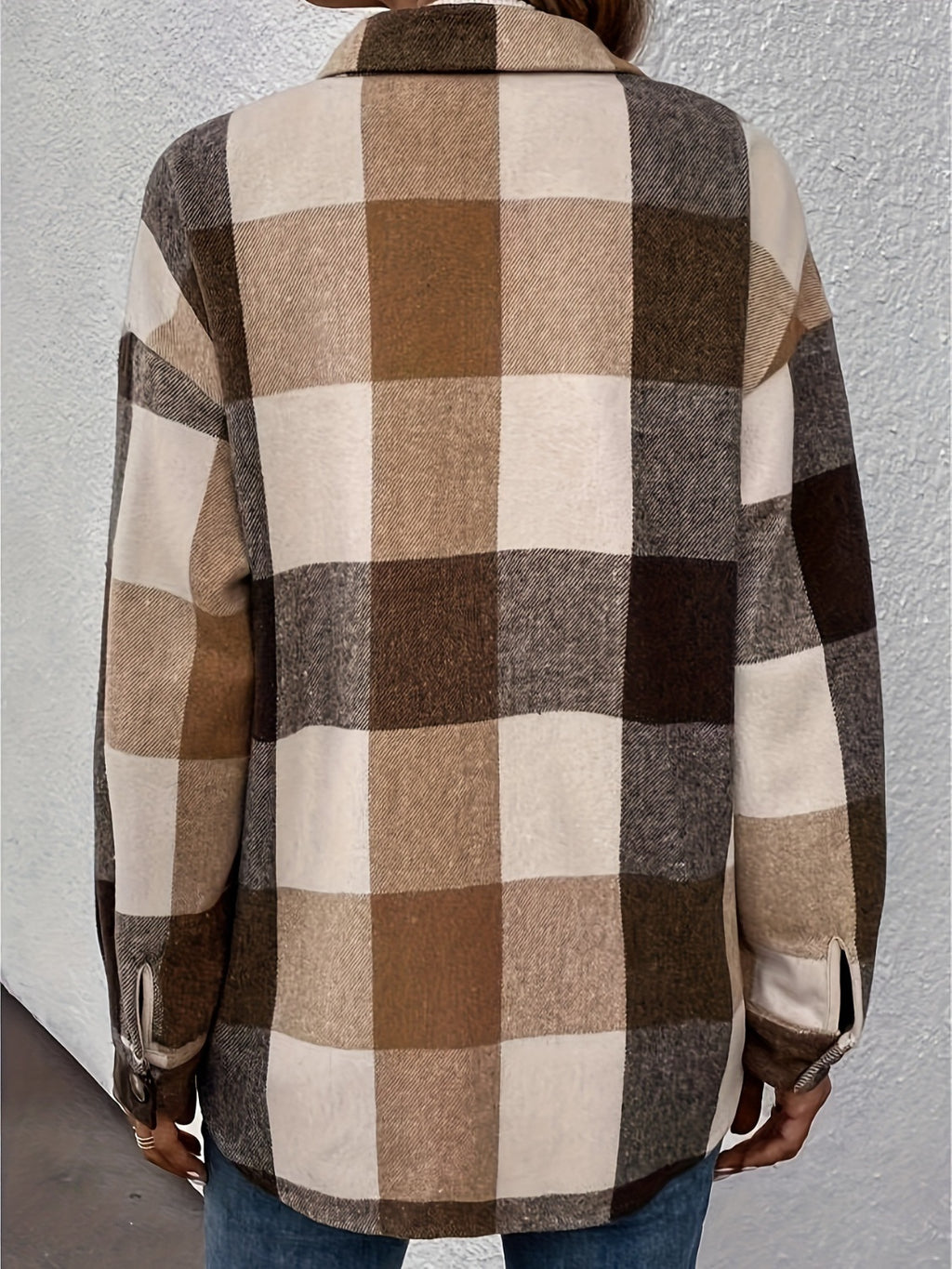 Curved Hem Plaid Collared Neck Shacket