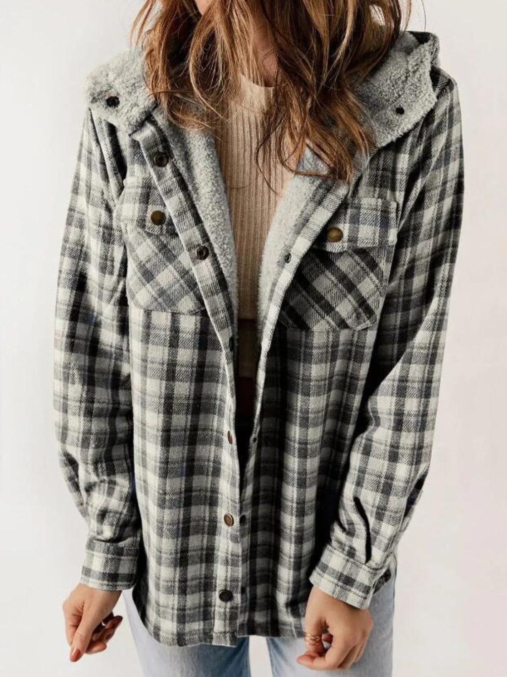 Plaid Snap Down Plush Hooded Jacket