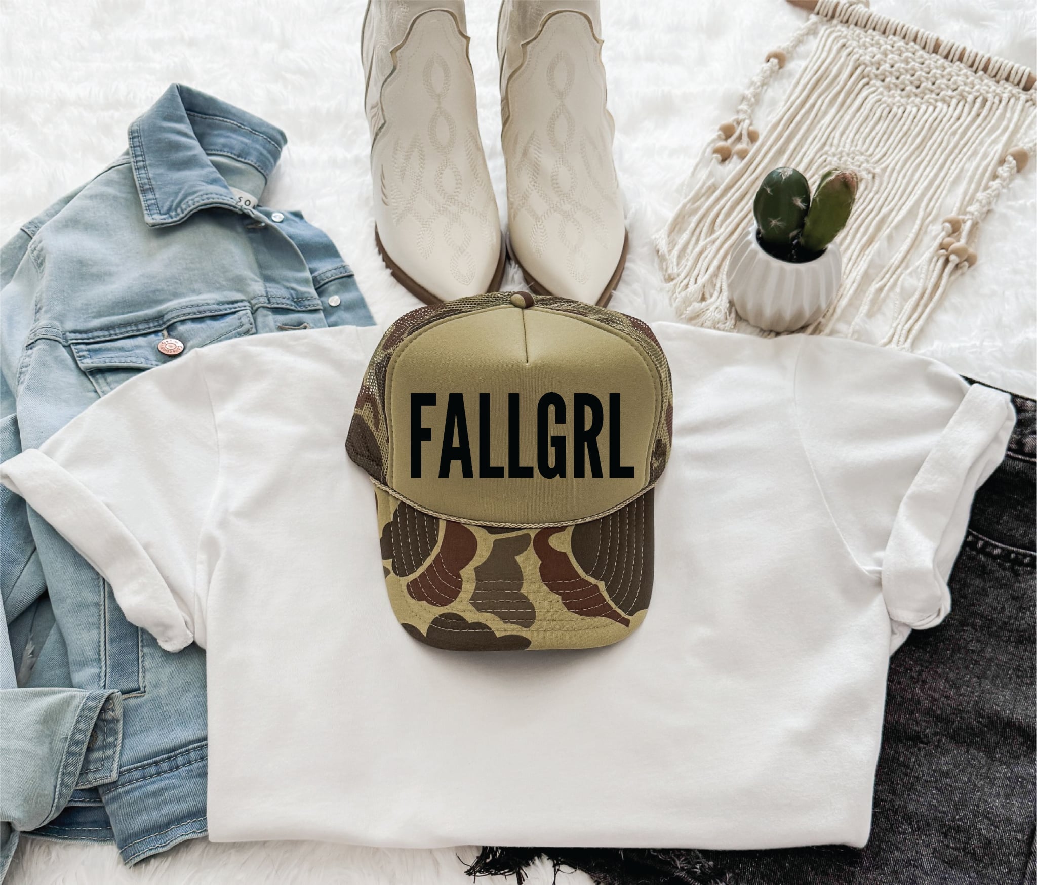 FALLGRL DTF printed on Camo and Olive Foam Trucker Hat