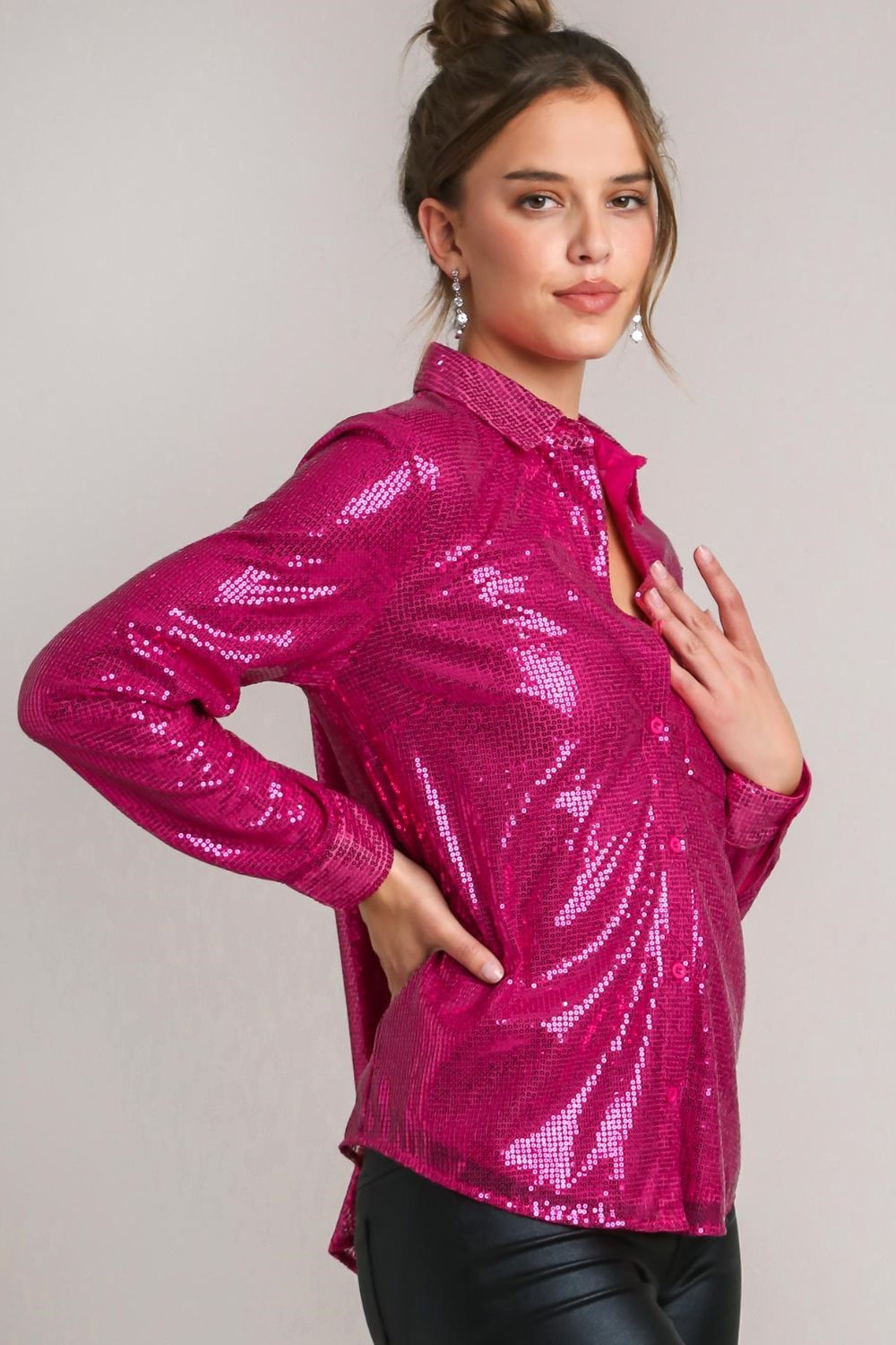 Umgee Sequin Long Sleeve Shirt with Side Chest Pocket