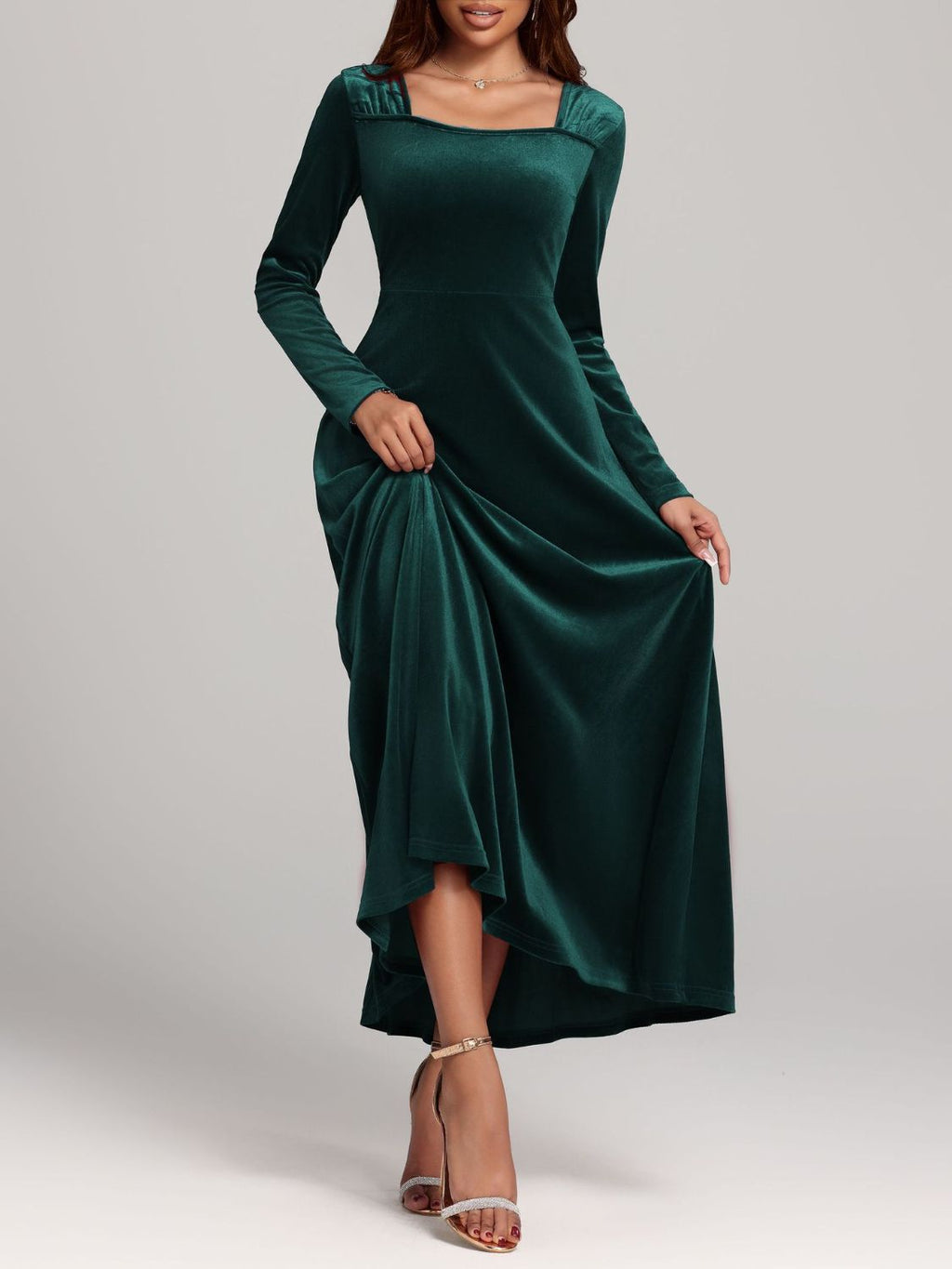 Square Neck Long Sleeve Velvet Dress