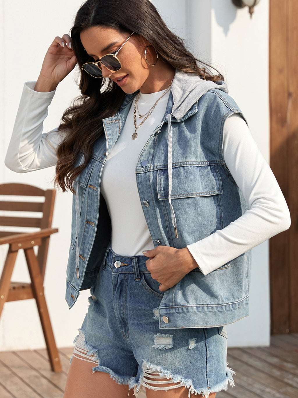 Drawstring Button Up Sleeveless Denim Jacket