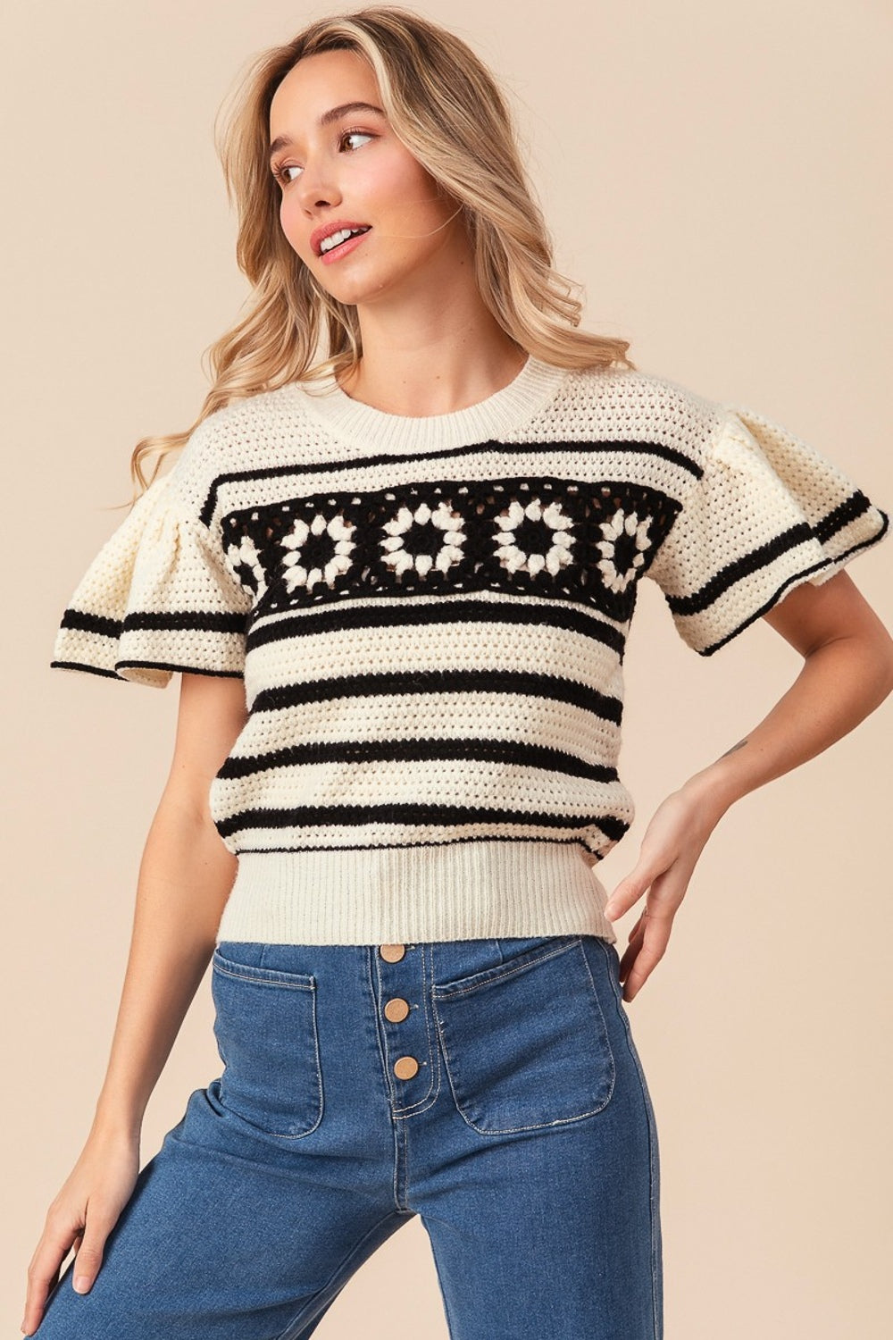 BiBi Granny Square Short Sleeve Striped Sweater - S. M. & Co. Short Sleeve Sweater