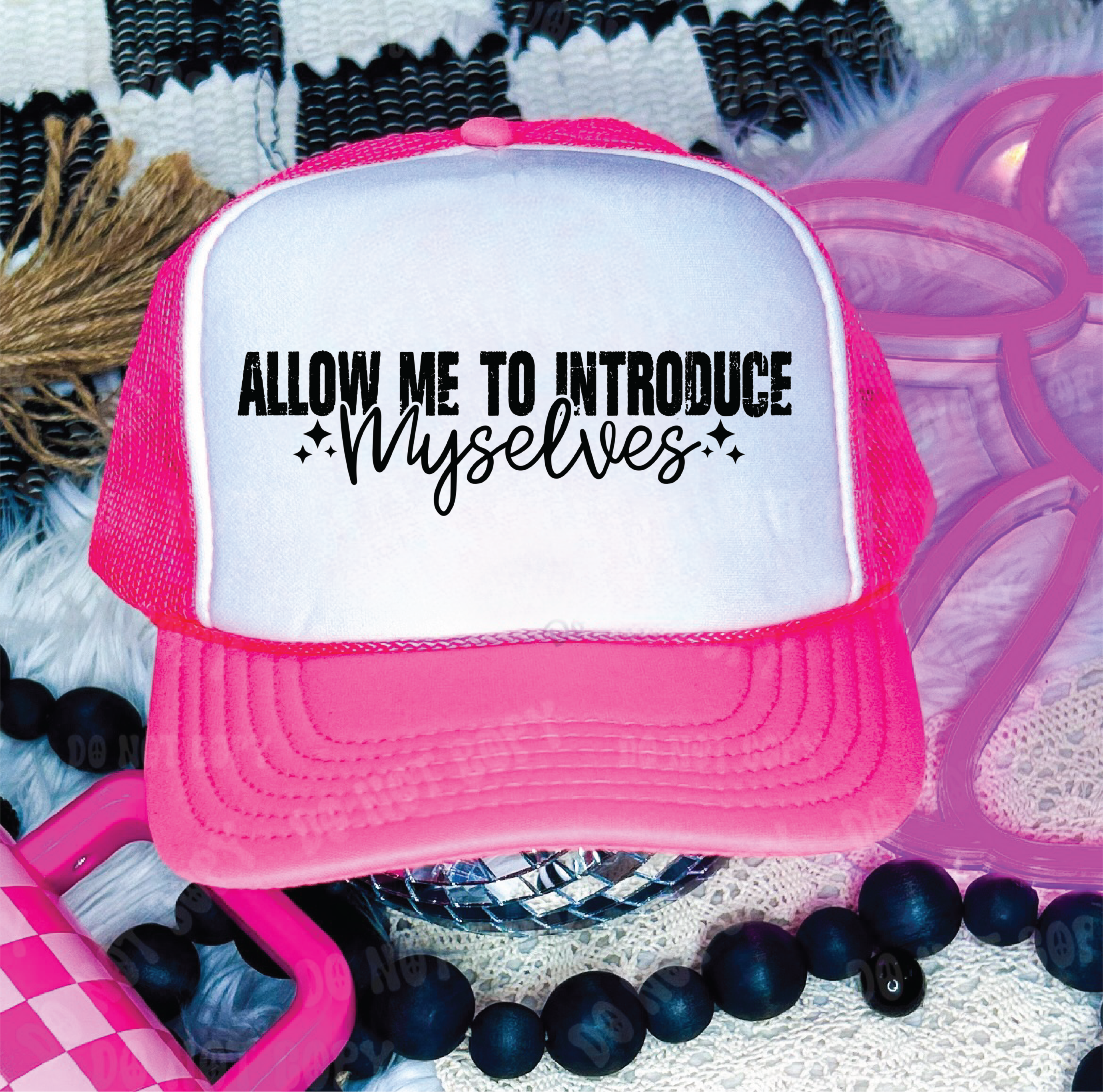 Allow Me To Introduce DTF Printed Neon Pink and White Trucker Hat
