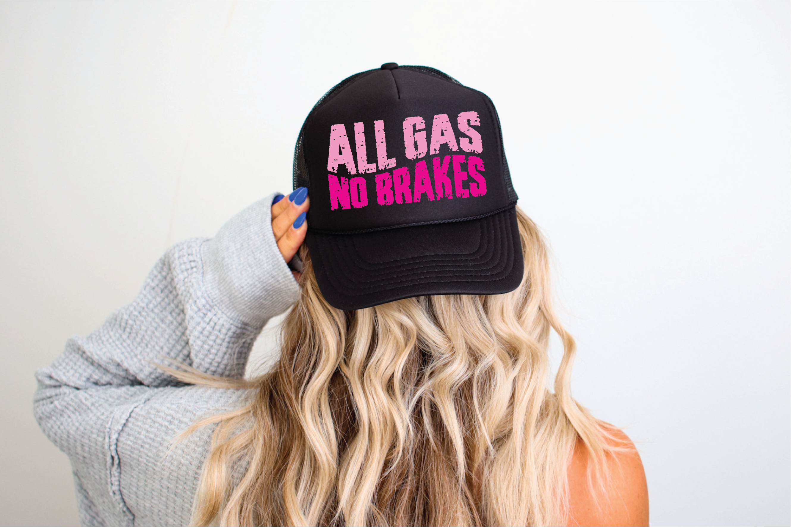 All Gas No Brakes DTF Printed Black Trucker Hat
