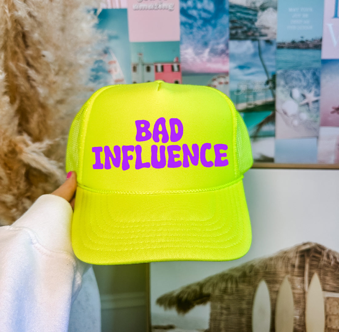 Bad Influence DTF Printed Neon Yellow Trucker Hat - S. M. & Co. Shirts & Tops