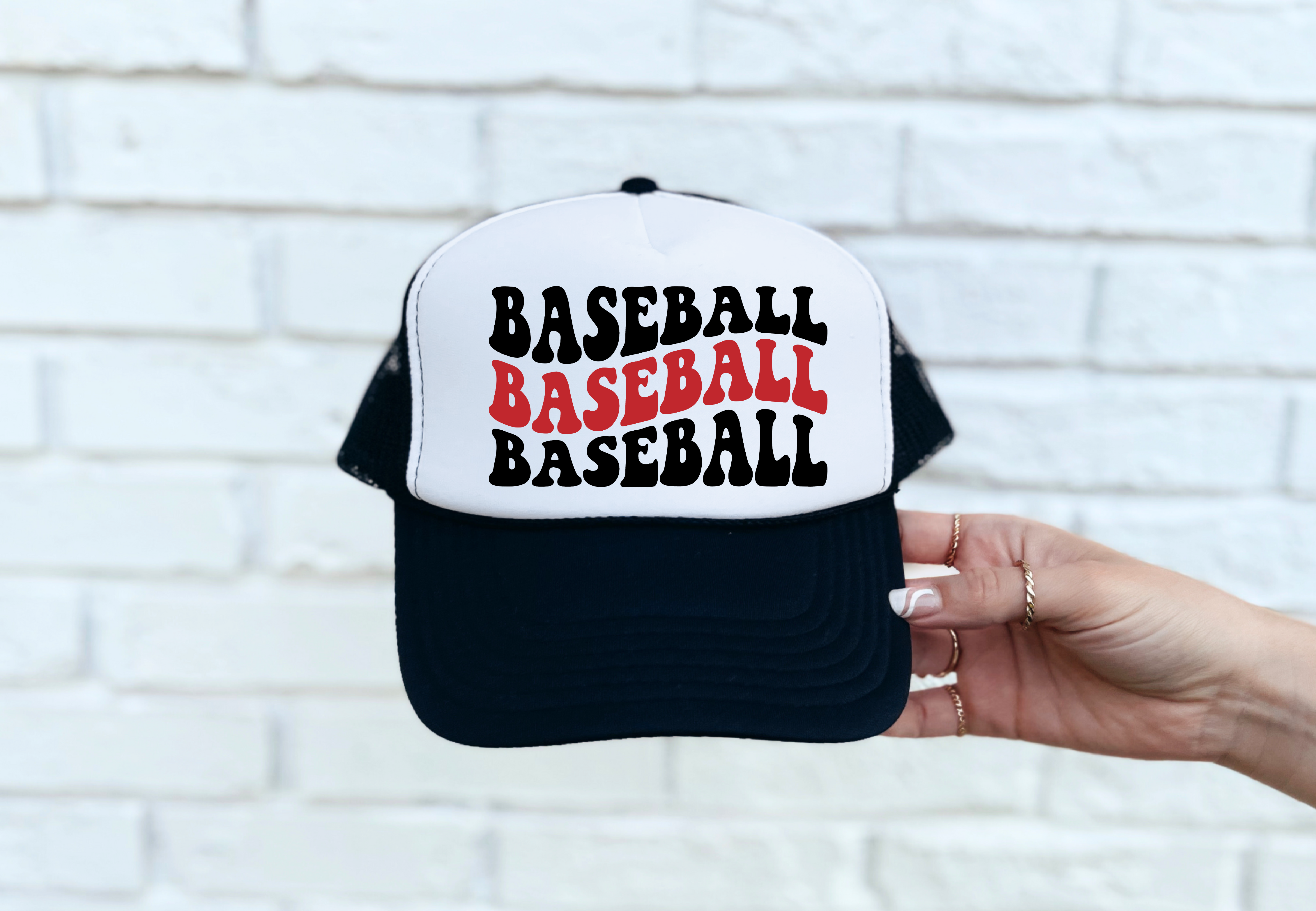 Baseball DTF Printed Black & White Trucker Hat - S. M. & Co. Shirts & Tops