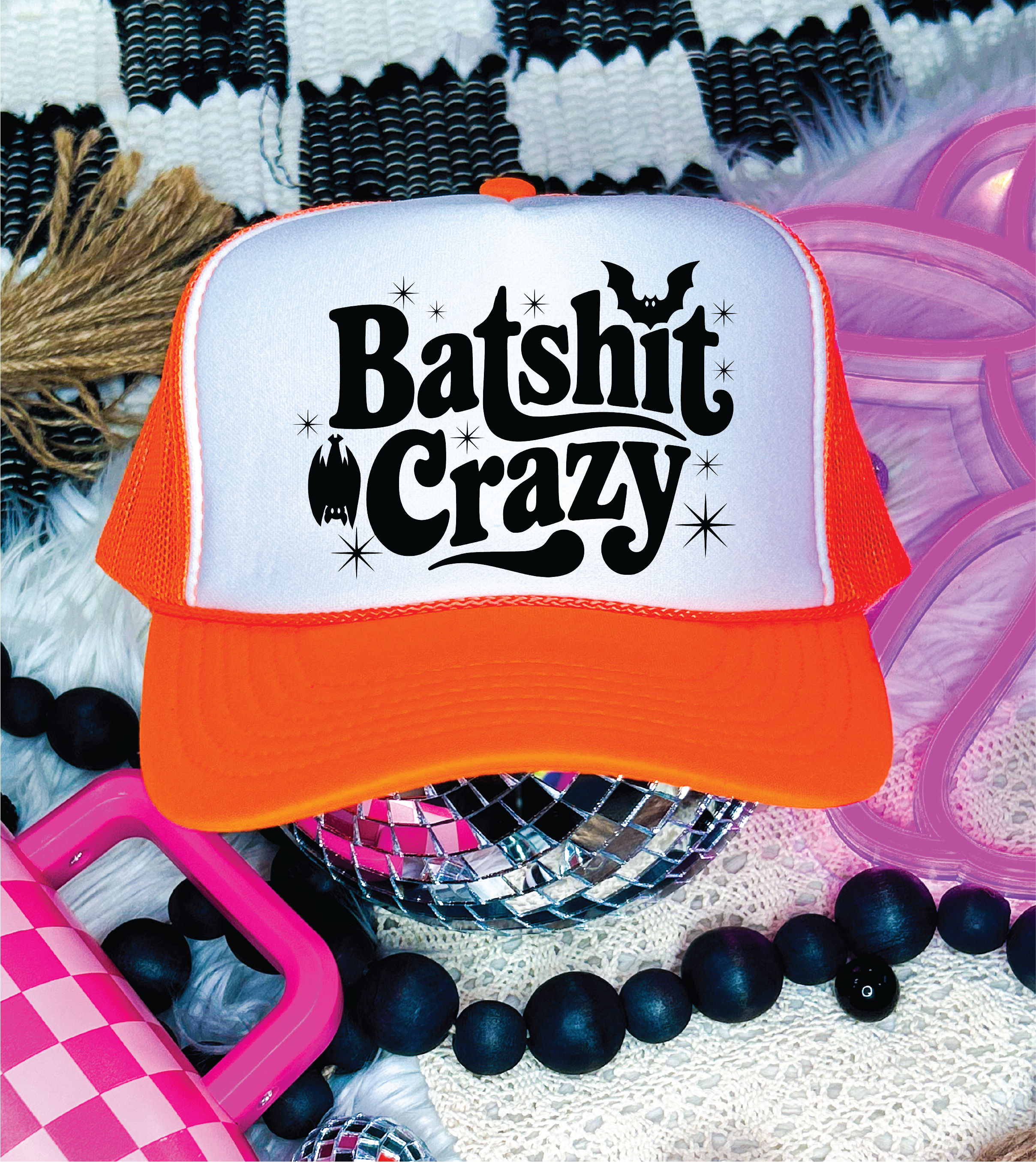 Bat Shit Crazy DTF Printed Neon Orange and White Trucker Hat