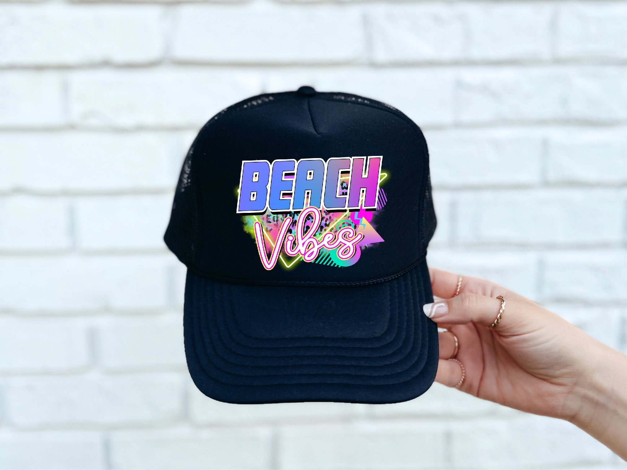 Beach Vibes DTF Printed Black Trucker Hat - S. M. & Co. Shirts & Tops