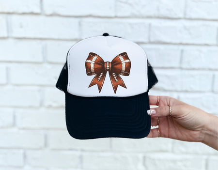 Football Bow DTF Printed Black & White Trucker Hat - S. M. & Co. Shirts & Tops