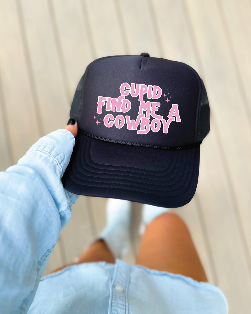 Cupid Bring Me A Cowboy DTF Printed Black Trucker Hat