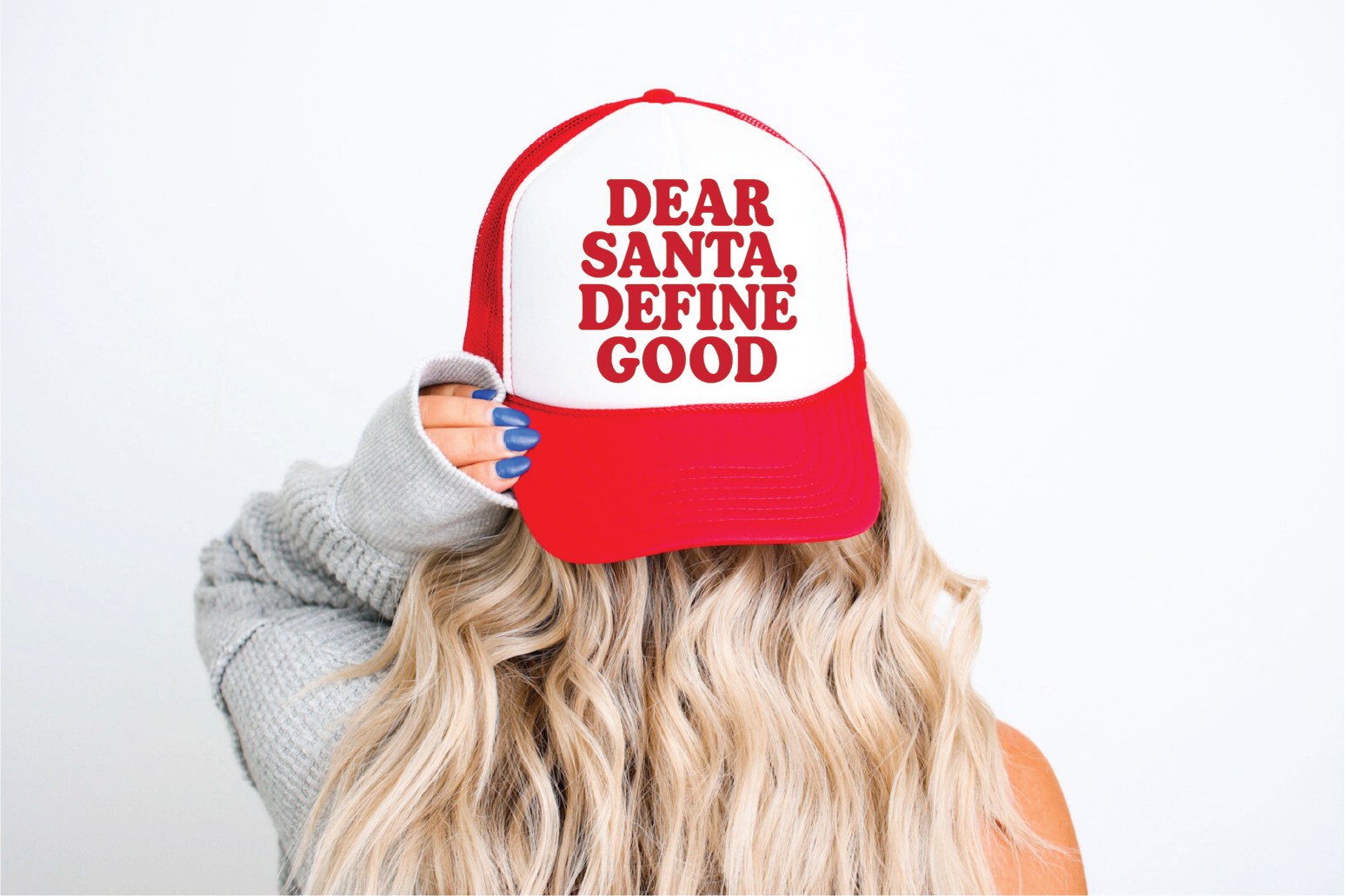 Santa Define Good DTF Printed Red & White Trucker Hat