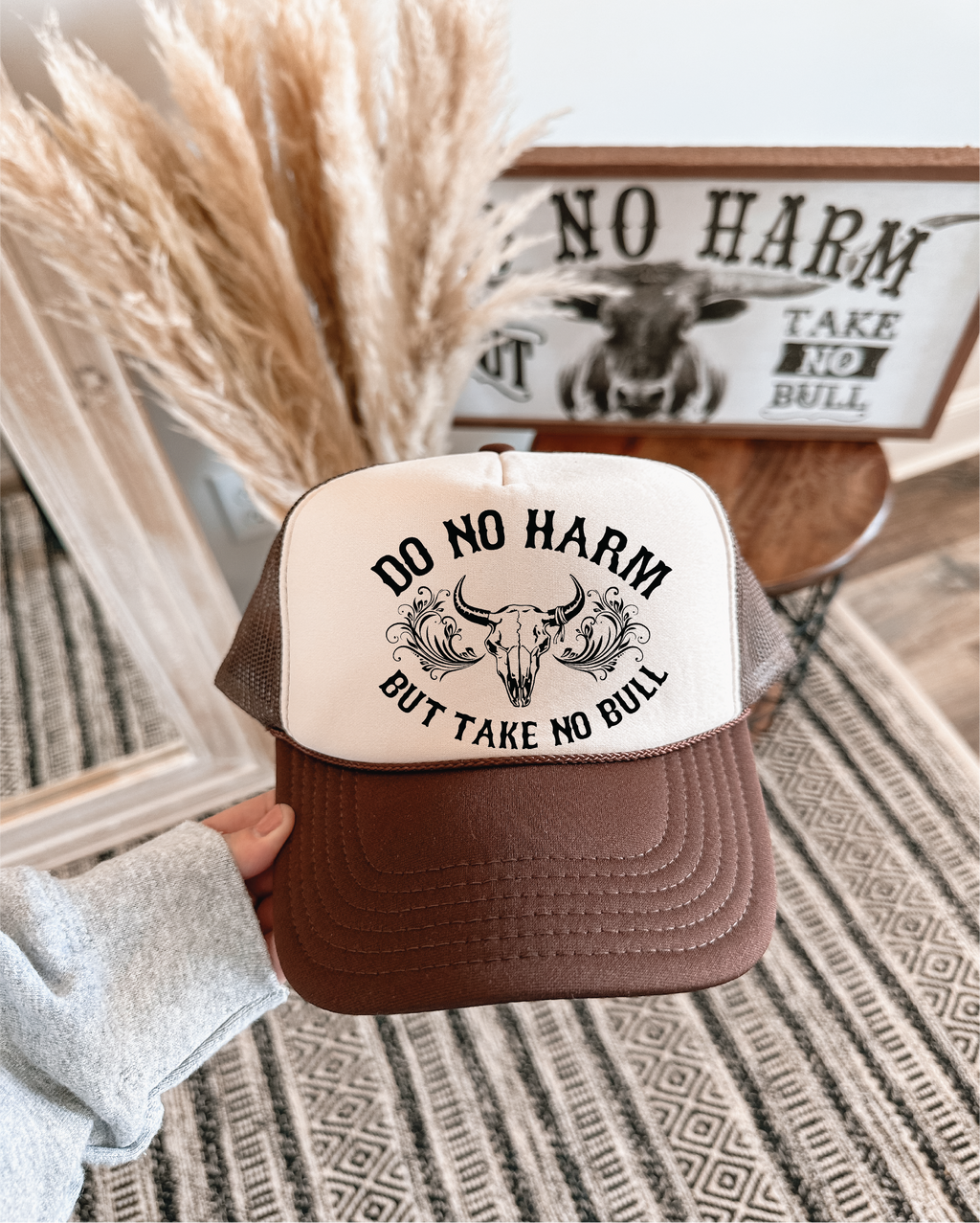 Do No Harm DTF Printed Brown & Tan Trucker Hat/ Black Ink