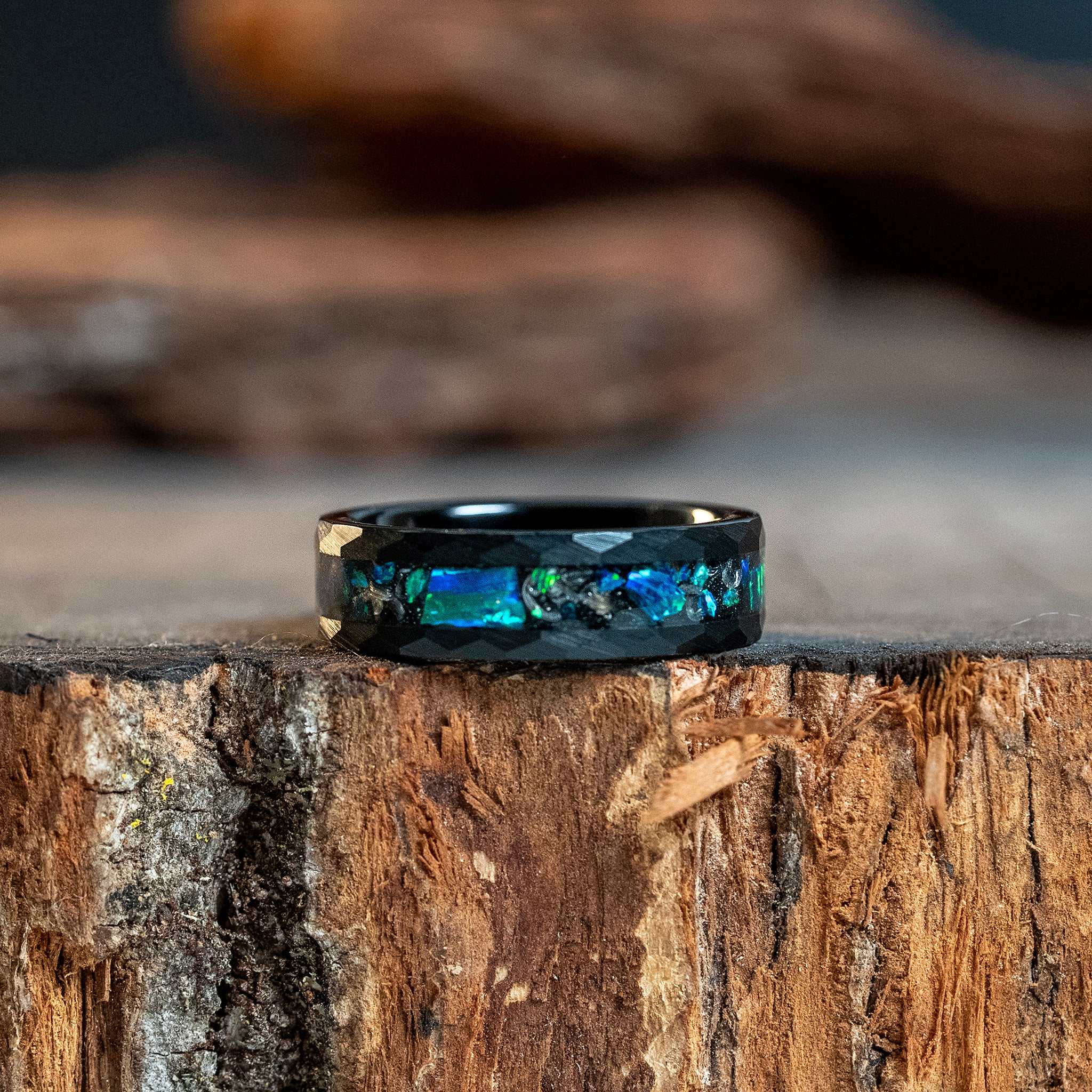 Green Opal x Meteorite Black Hammered Tungsten Carbide Ring - 6mm