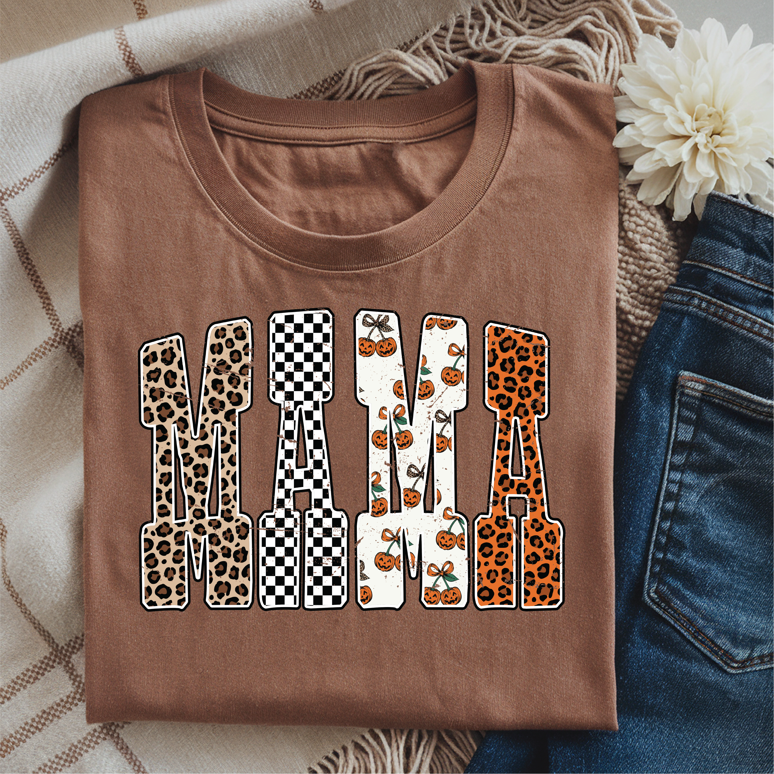 Mama Fall Pattern Letters Graphic T-Shirt