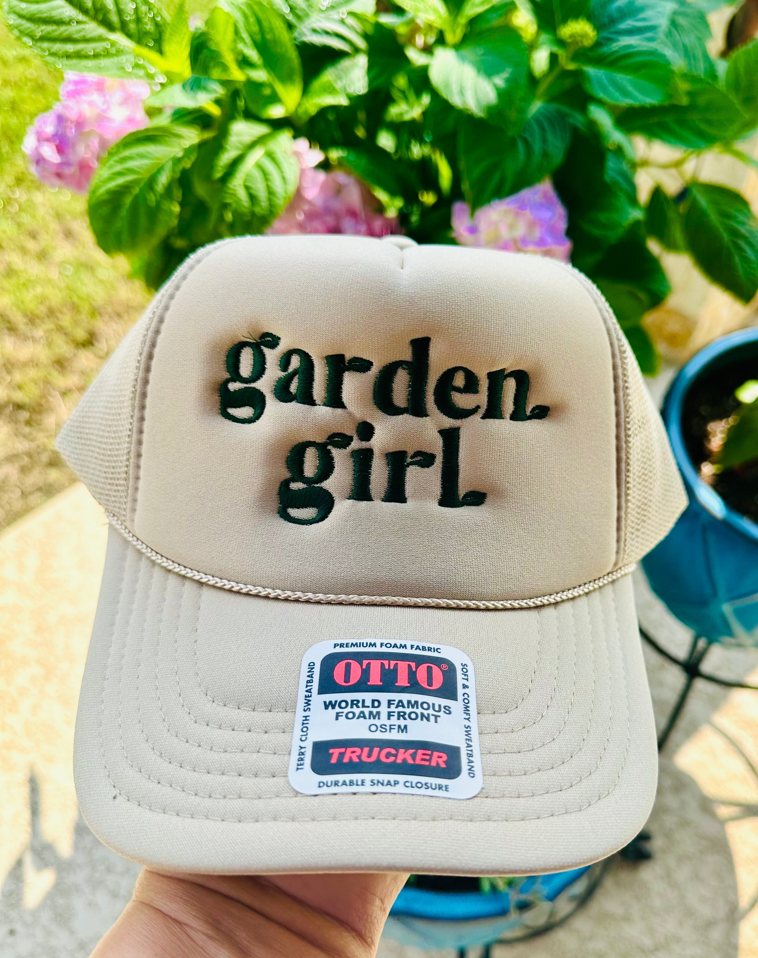 Garden Girl Khaki Embroidered Trucker Hat - S. M. & Co. Shirts & Tops