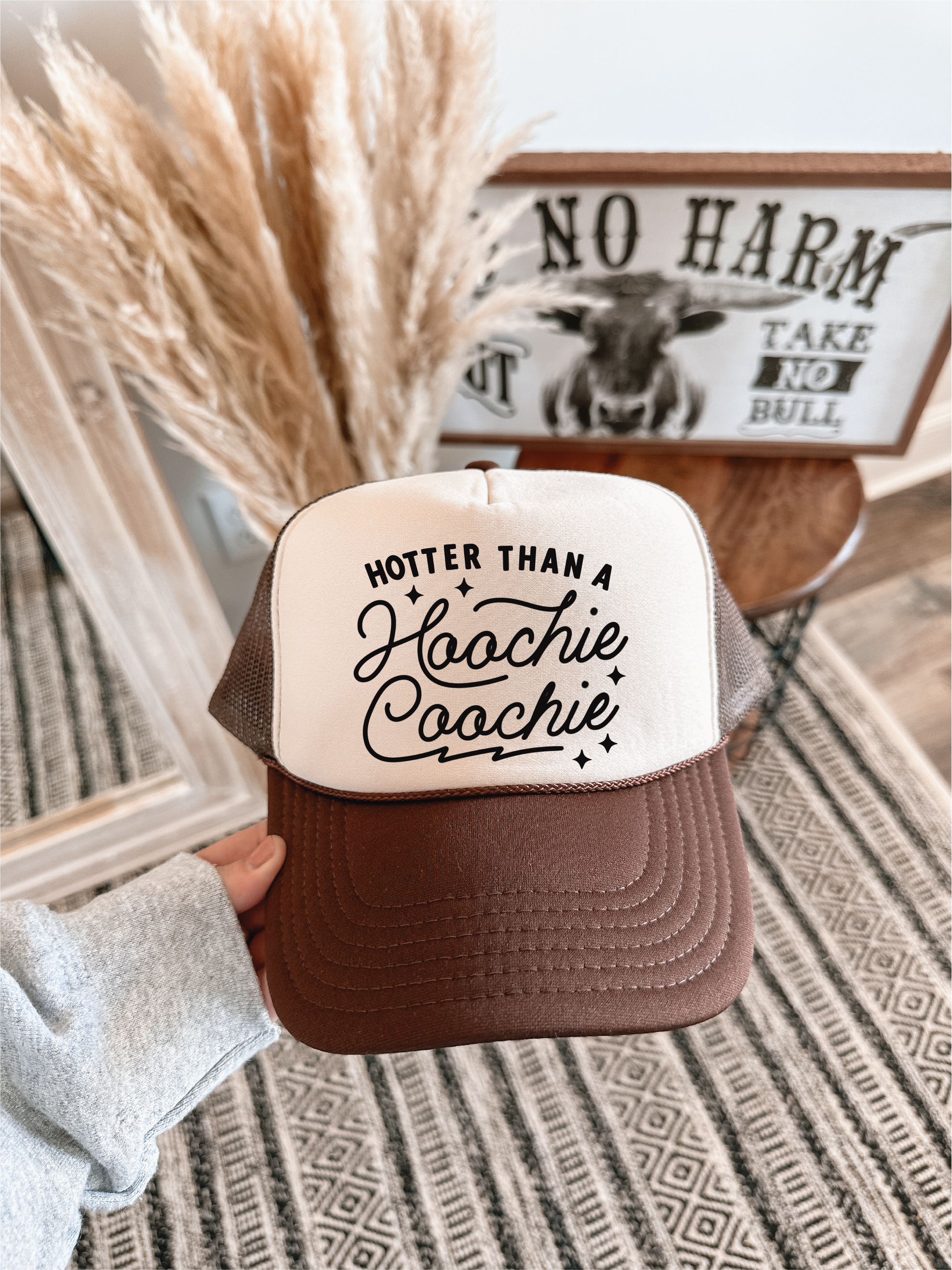 Hotter Than A Hoochie Coochie DTF Printed Brown and Tan Trucker Hat