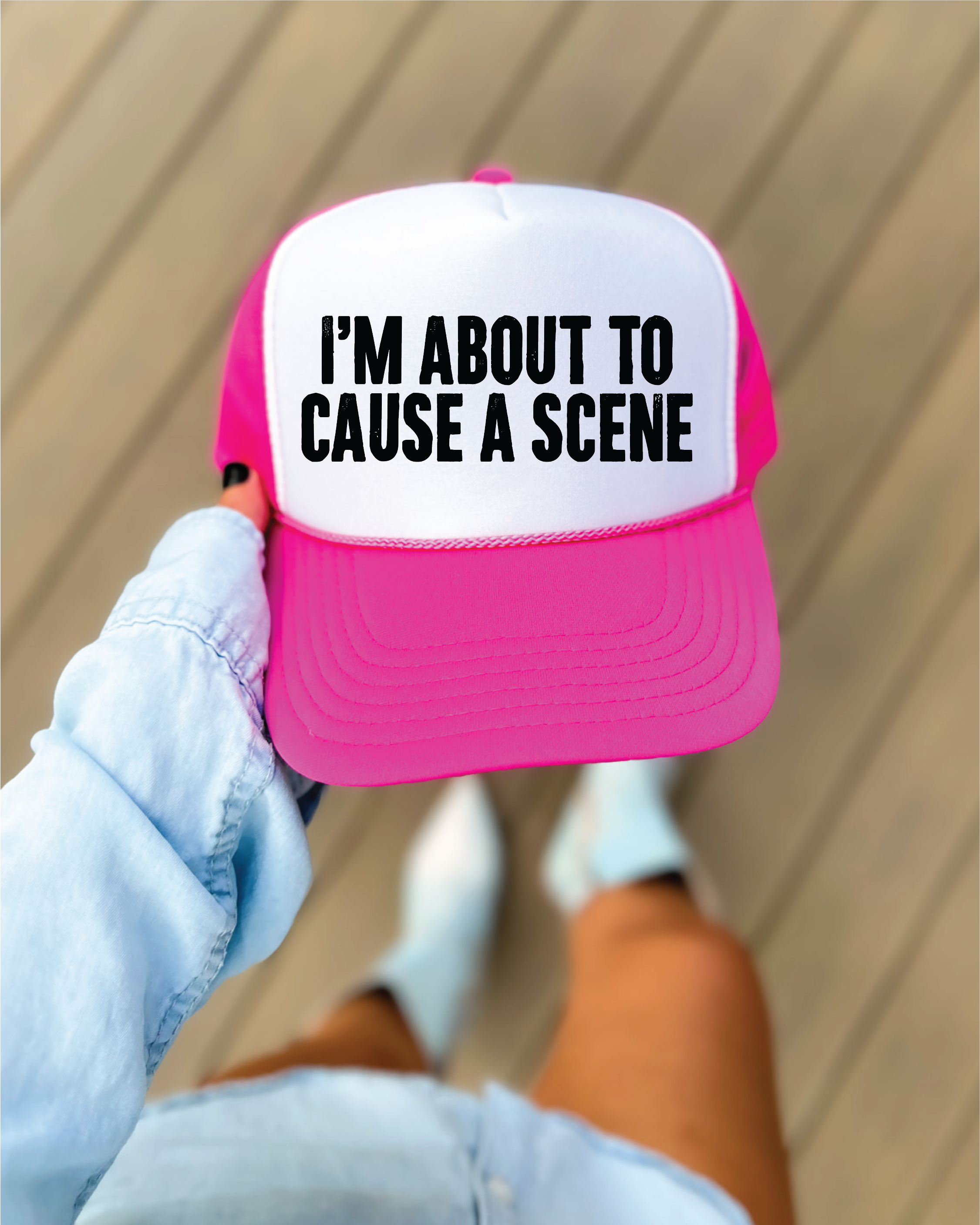 I'm About To Cause A Scene DTF Printed Hot Pink and White Trucker Hat